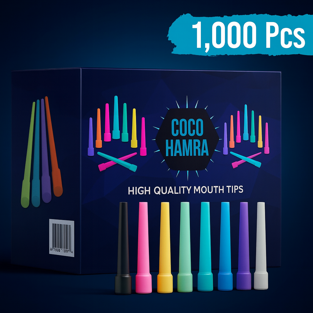 Box of Coco Hamra high quality mouth tips with colorful mouth tips displayed in front.