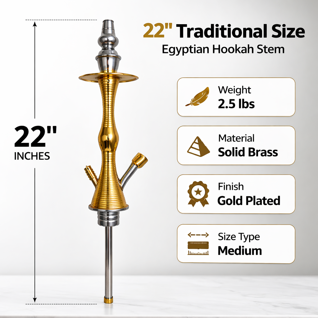 Gold-plated Egyptian hookah stem with specifications on a gray background