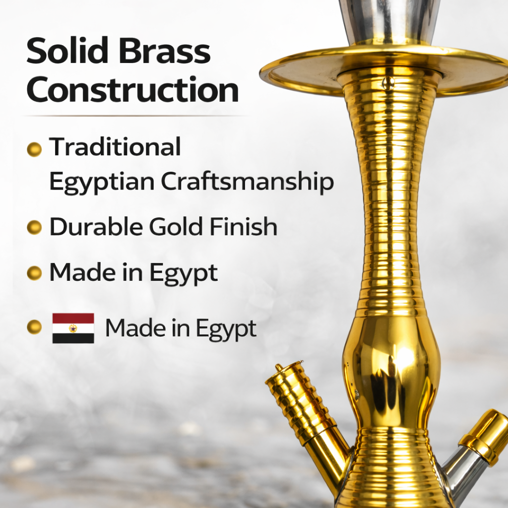 Gold hookah with text highlighting solid brass construction, traditional Egyptian craftsmanship, durable gold finish, and made in Egypt.