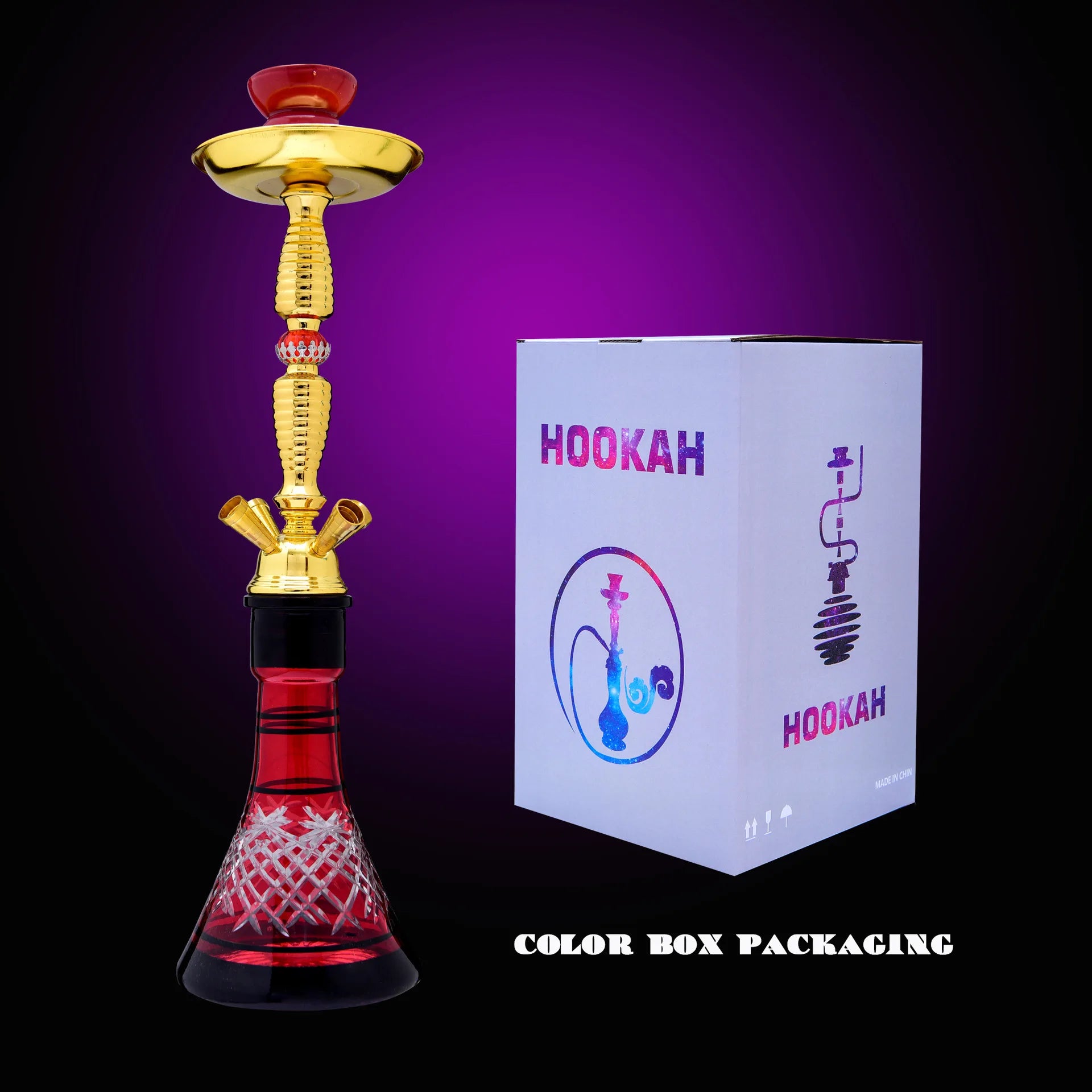 Premium 55cm gold hookah with double hoses and etched glass base.