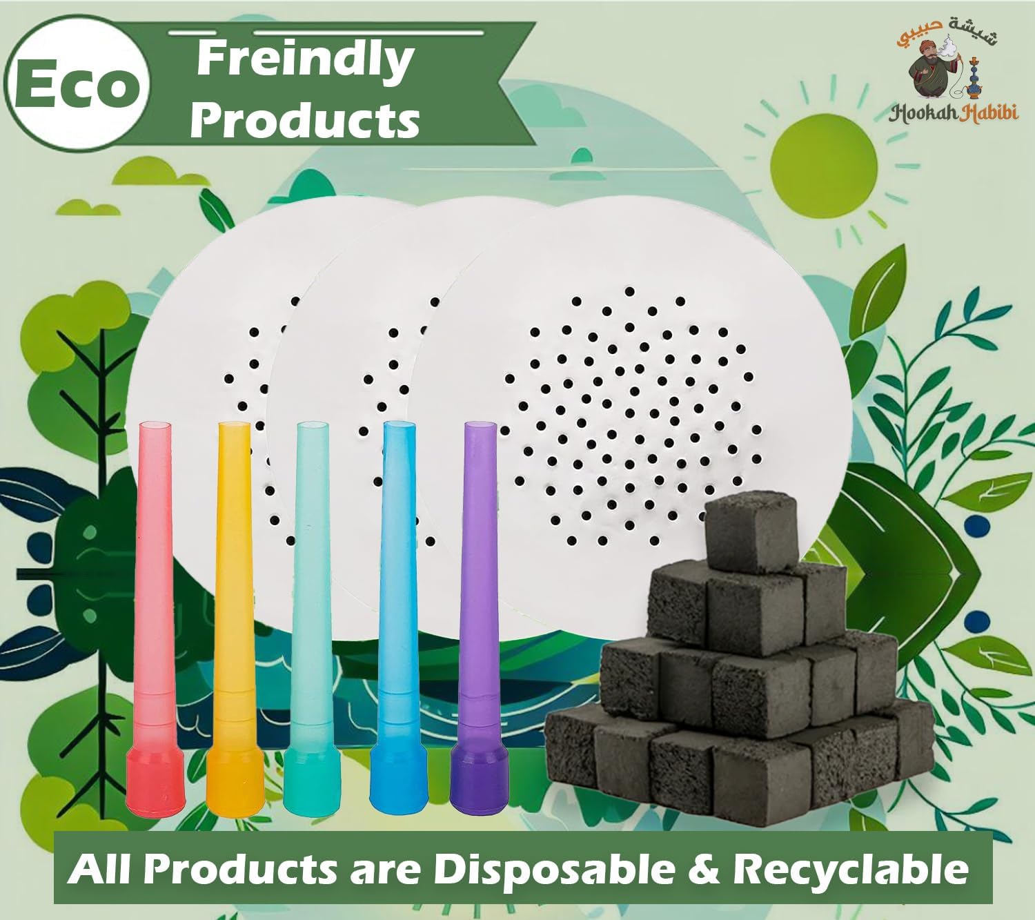 Coco Nara Hookah Charcoal Cubes Hookah Foils Mouth tips combo pack