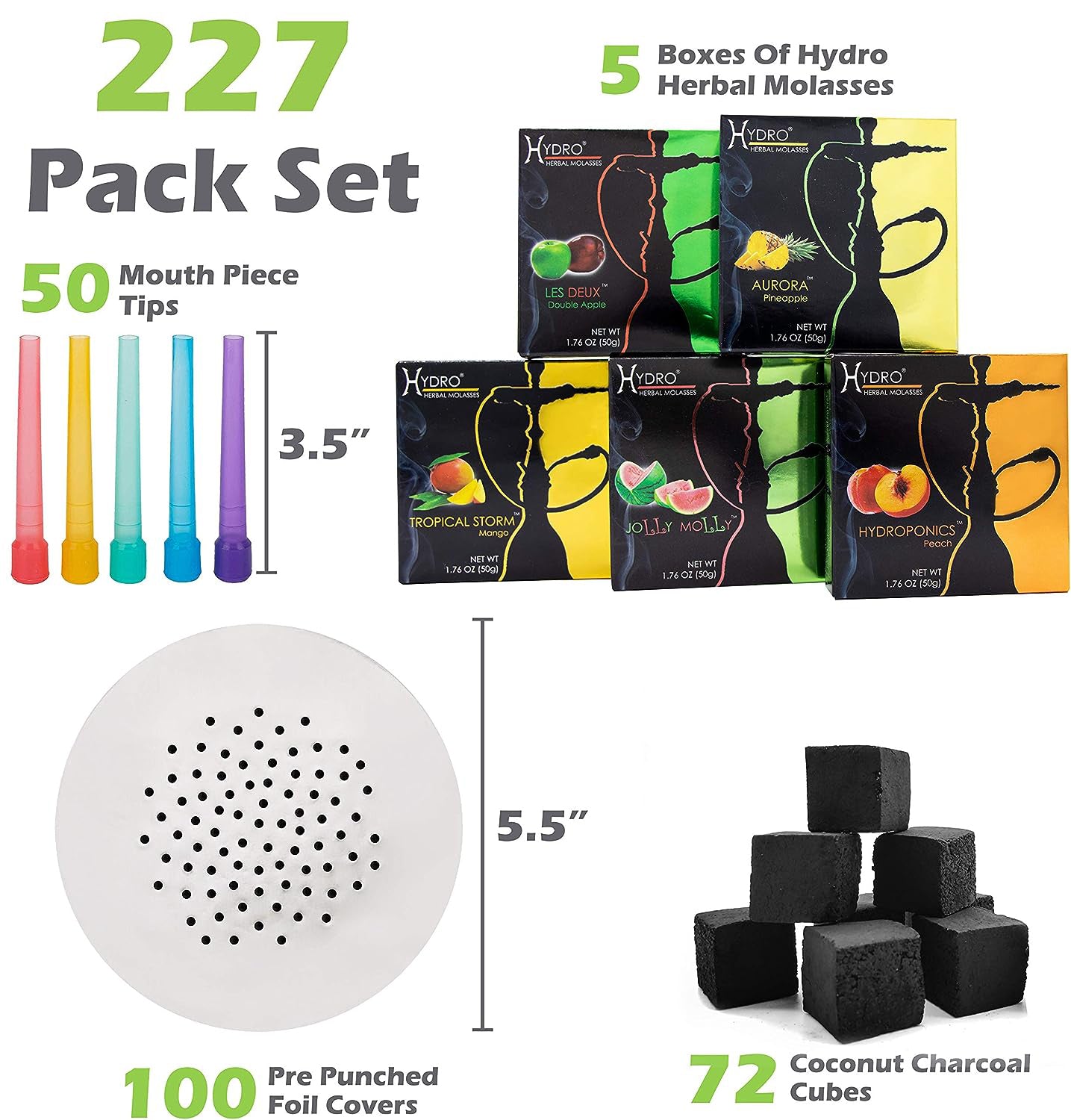 Hookah Accessories Set: 72 Charcoal, 50 Disposable Mouth Tips, 5 Hydro Flavor Assortments, 100 Pre-Punched Aluminum Foils
