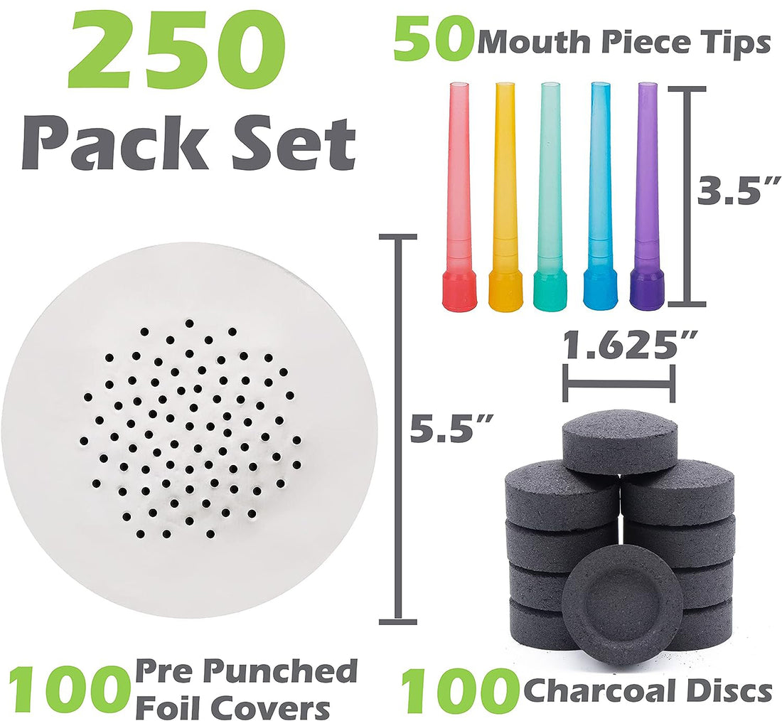 Juego de accesorios para cachimba: 100 carbón, 50 boquillas y 100 hojas de papel de aluminio preperforadas con agujeros