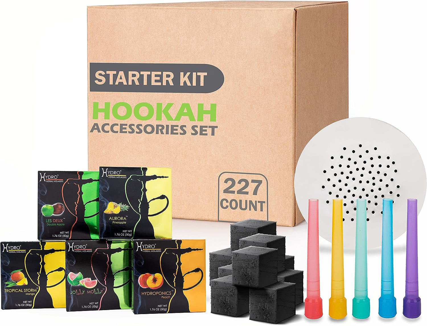 Hookah Accessories Set: 72 Charcoal, 50 Disposable Mouth Tips, 5 Hydro Flavor Assortments, 100 Pre-Punched Aluminum Foils