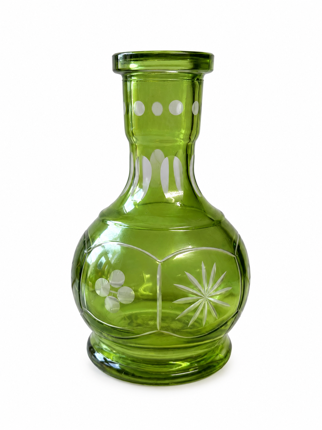 A green glass bottle vase with etched white floral and geometric patterns, shown on a plain white background.