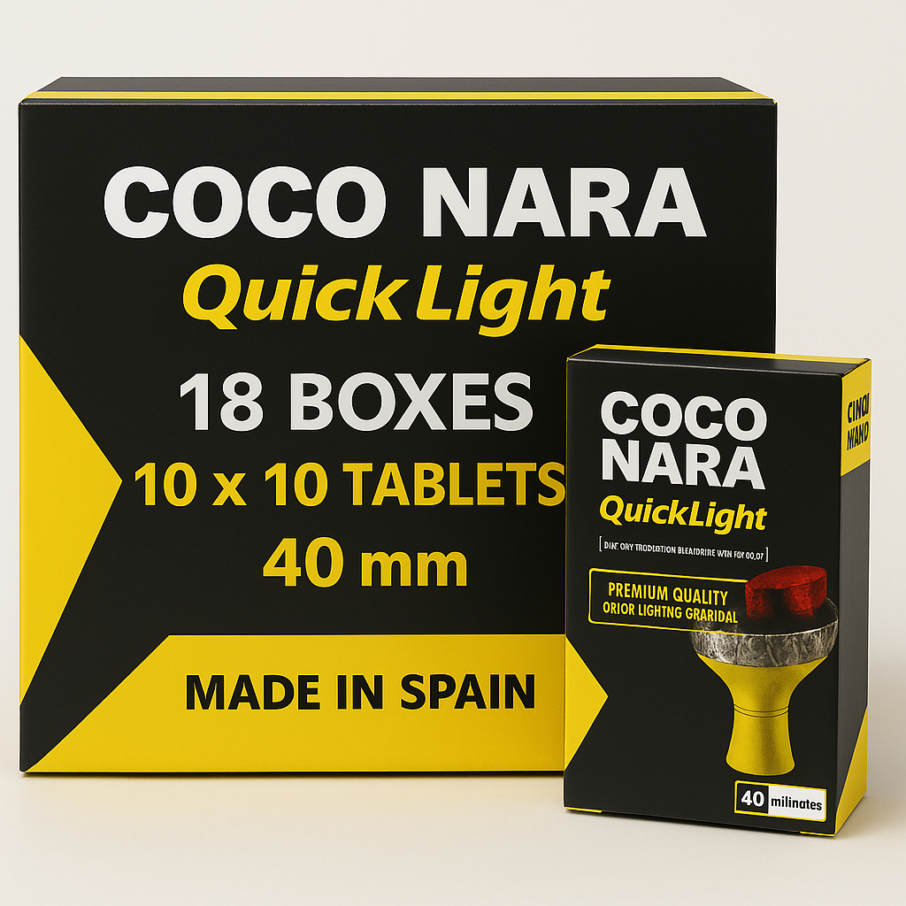 Large black and yellow master case of Coco Nara hookah charcoal showing quantity and specifications, designed for wholesale or retail.