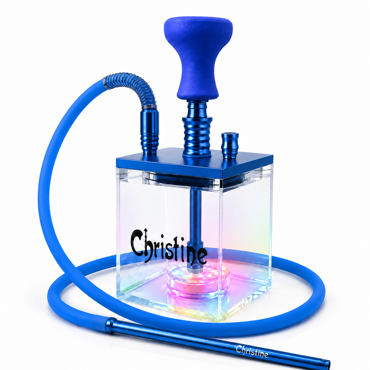A custom hookah set featuring a clear rectangular glass base with an iridescent rainbow finish, personalized with the name &