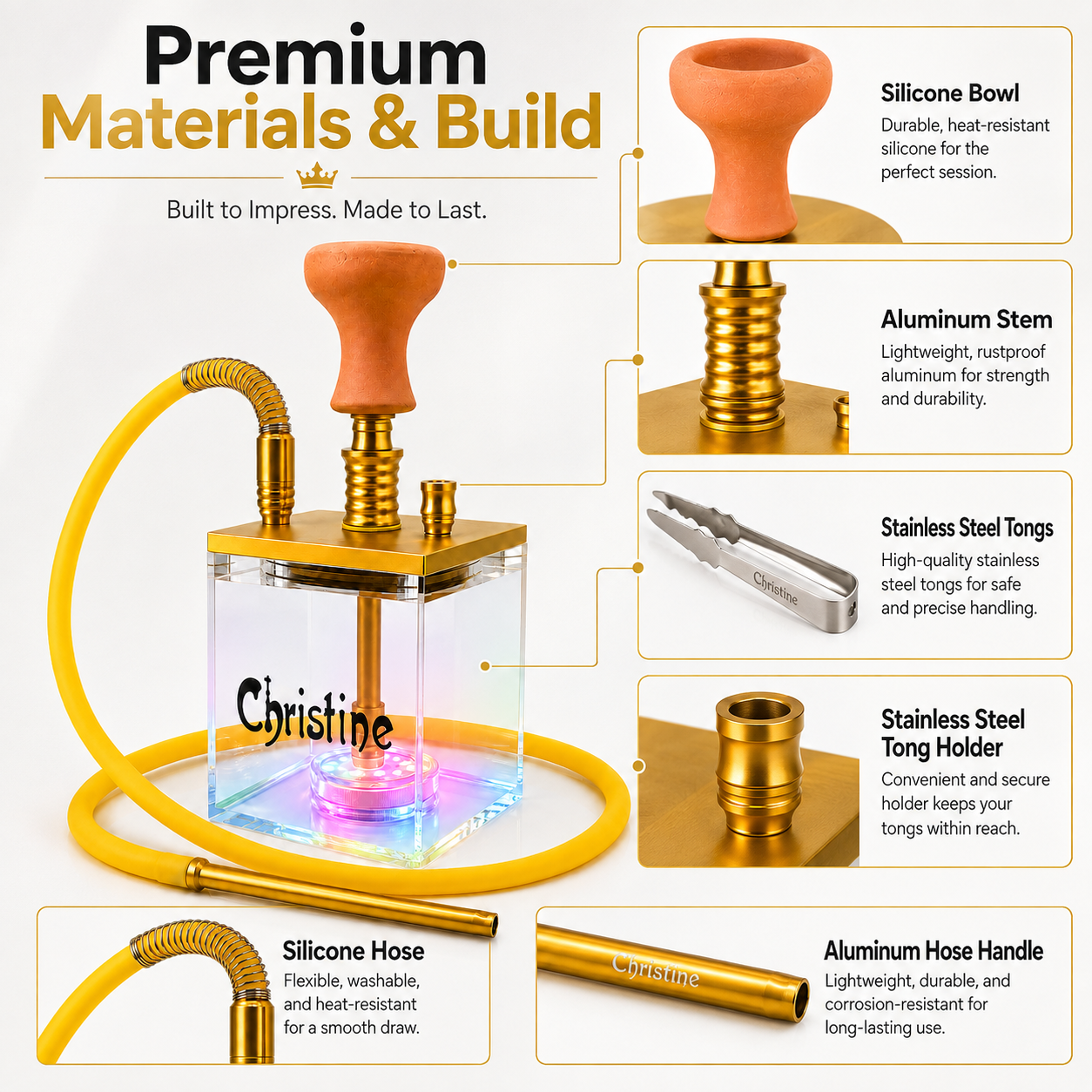An infographic-style product detail image for a hookah set labeled &