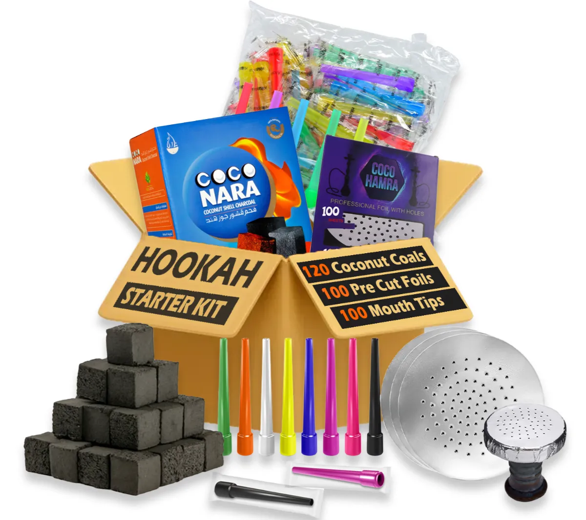 Coco Nara Hookah Charcoal Cubes Hookah Foils Mouth tips combo pack