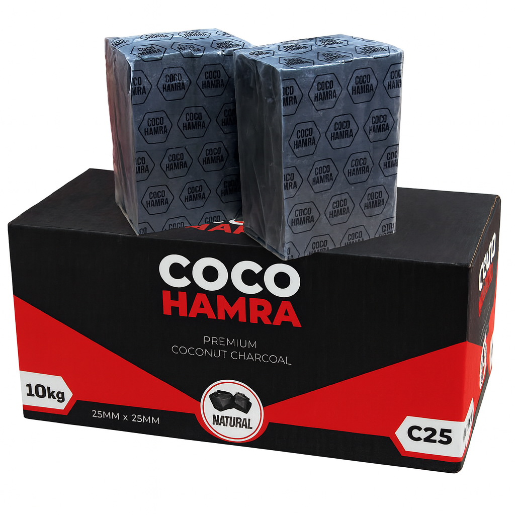 Coco Hamra coconut charcoal packaging with two smaller boxes on top