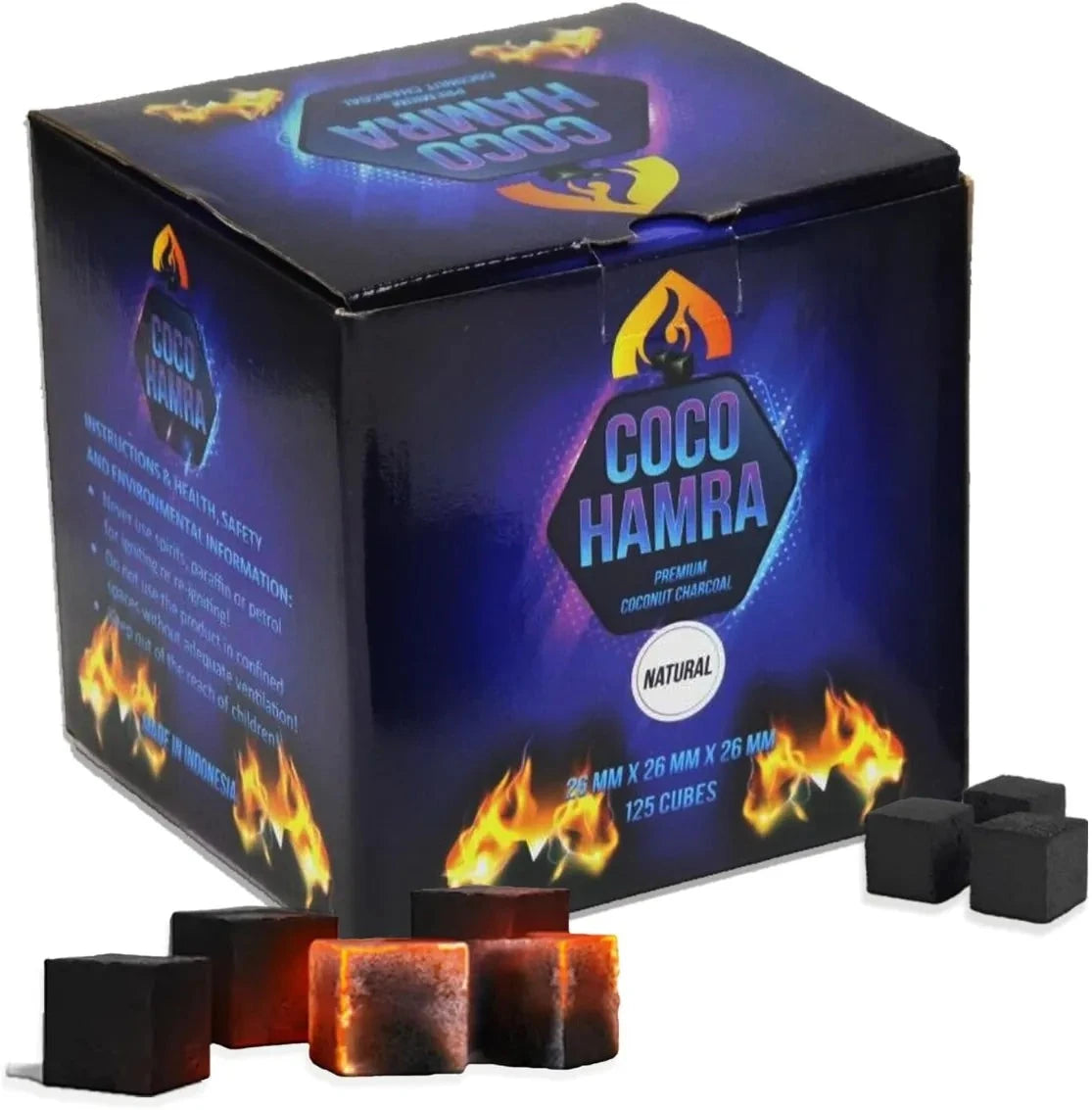 Coco Hamra Coconut Charcoal Cubes, 26mm, 125 count, 2kg, perfect for hookah use, long-lasting and natural charcoal for a smooth smoking experience."
