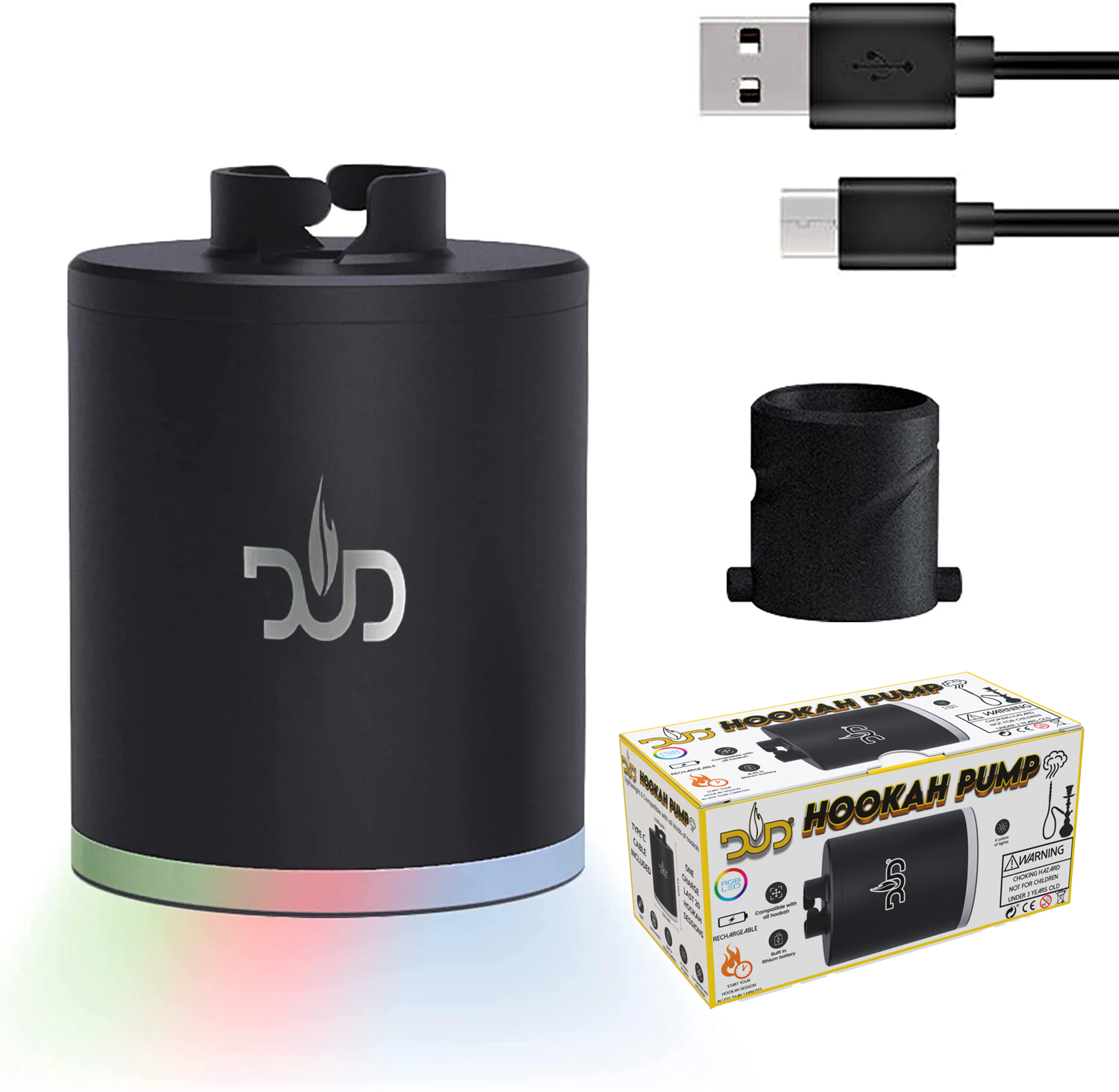 Black electric hookah pump with LED base, charging cables, nozzle, and retail box