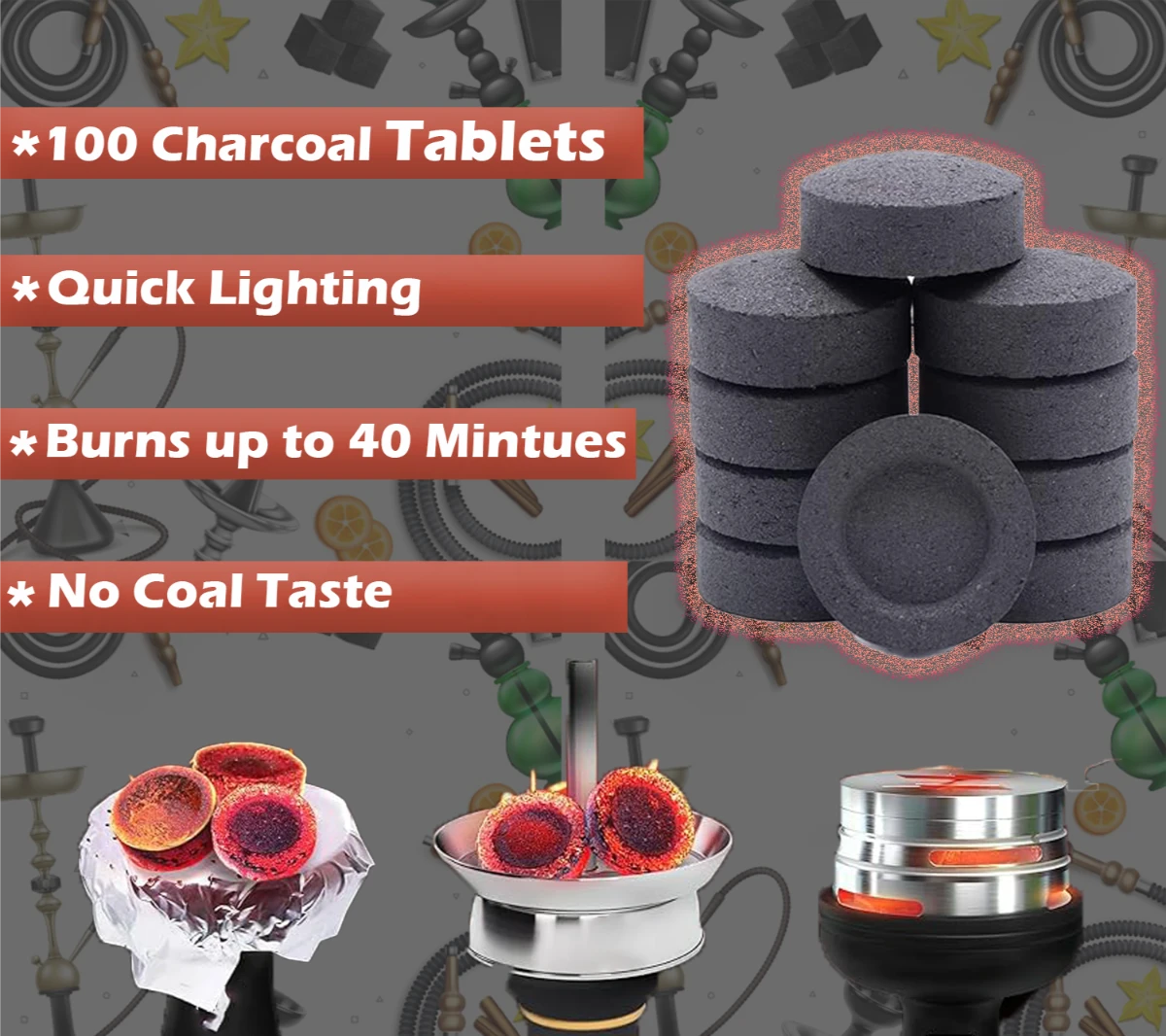 Hookah Accessories Set: 100 Charcoal, 100 Disposable Mouth Tips, 3 Gold Star Herbal  Flavor Assortments, 100 Pre-Punched Aluminum Foils