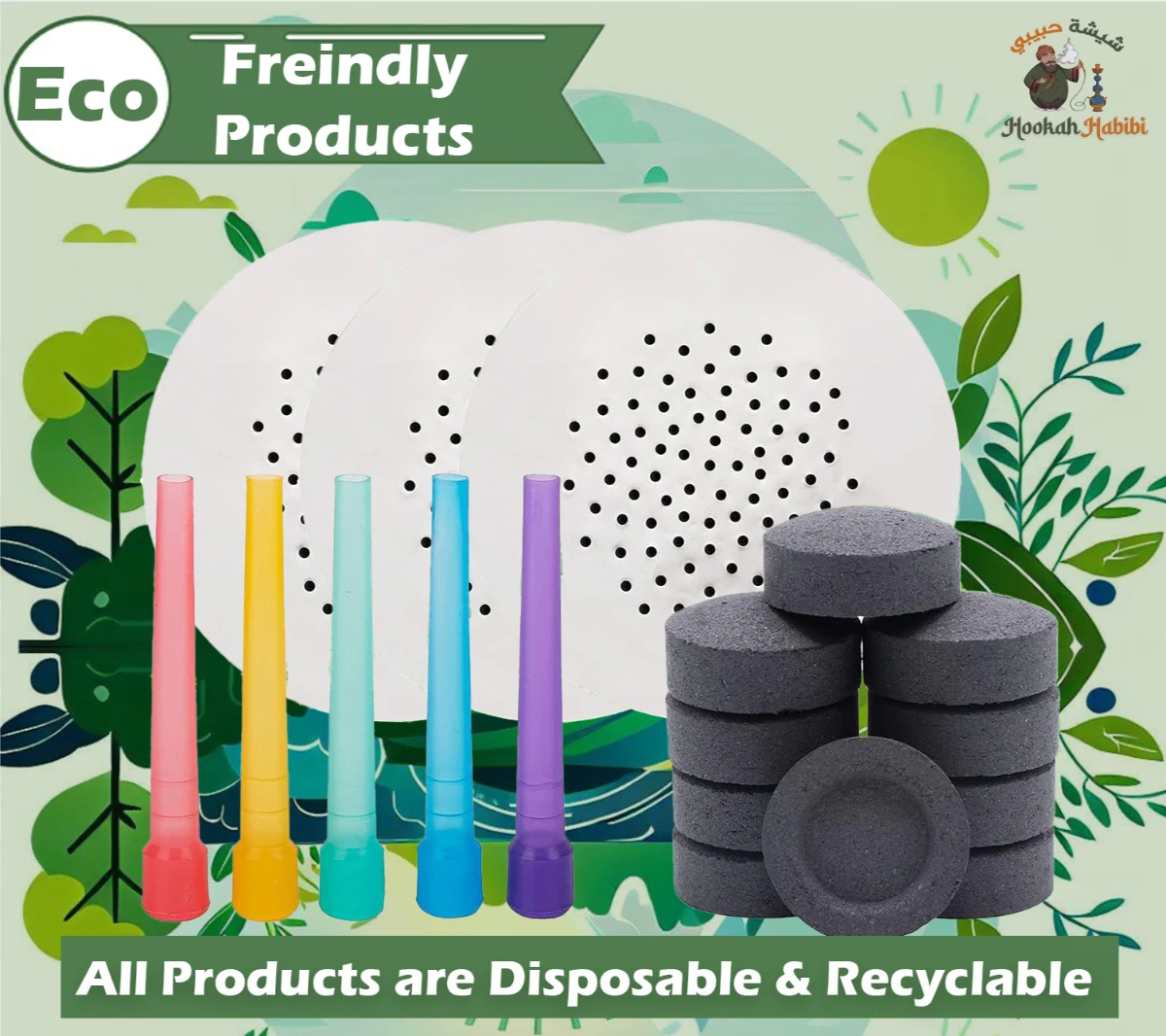 Hookah Accessories Set: 100 Charcoal, 100 Disposable Mouth Tips, 3 Gold Star Herbal  Flavor Assortments, 100 Pre-Punched Aluminum Foils