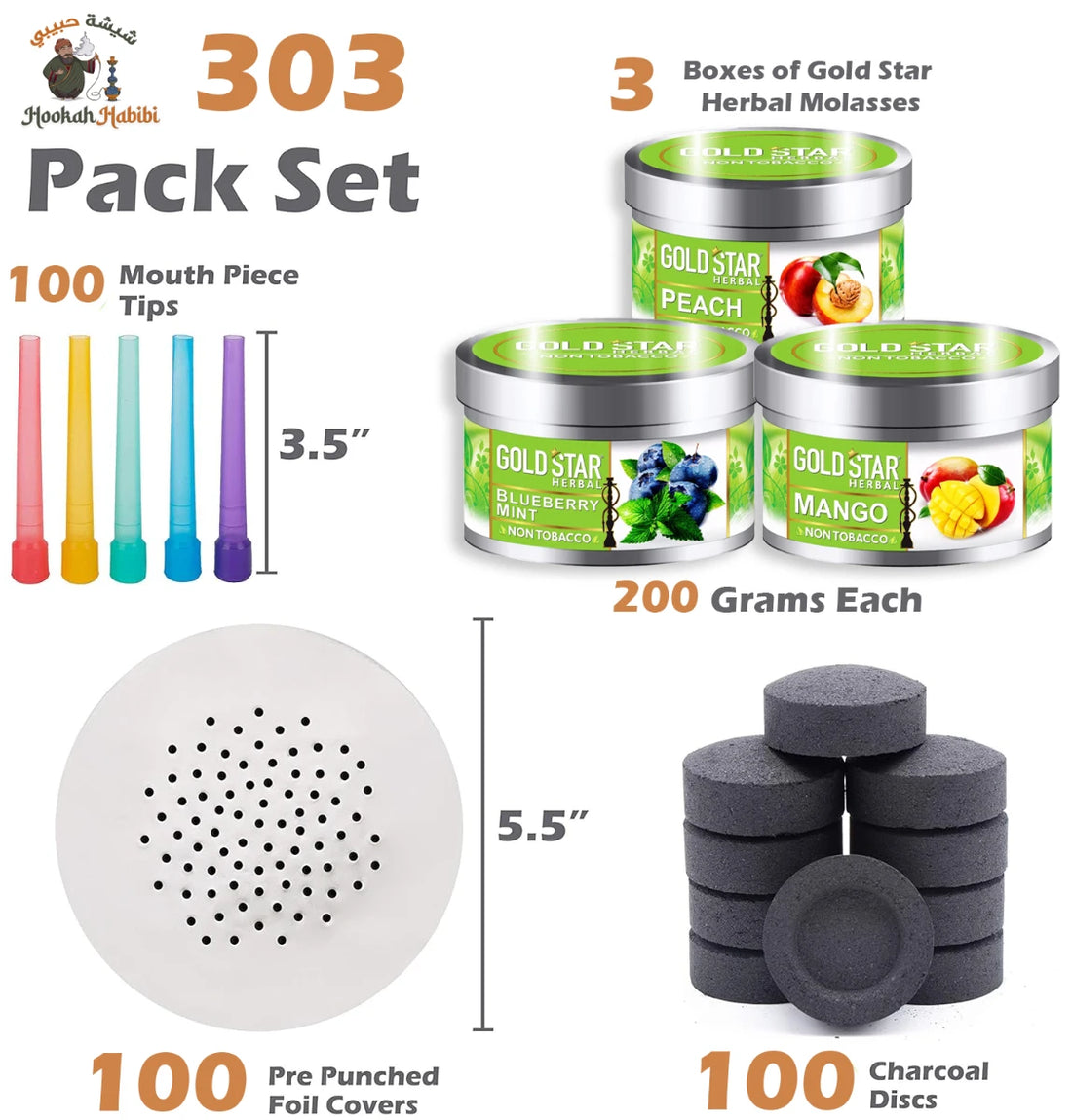 Juego de accesorios para cachimba: 72 carbón, 50 puntas bucales desechables, 5 surtidos de hidrosabor, 100 láminas de aluminio preperforadas