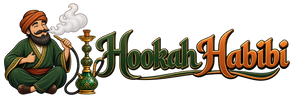 A stylized logo or graphic on a black background showing a seated bearded man in green robes smoking a hookah, with the words 'Hookah Habibi' in large decorative lettering.
