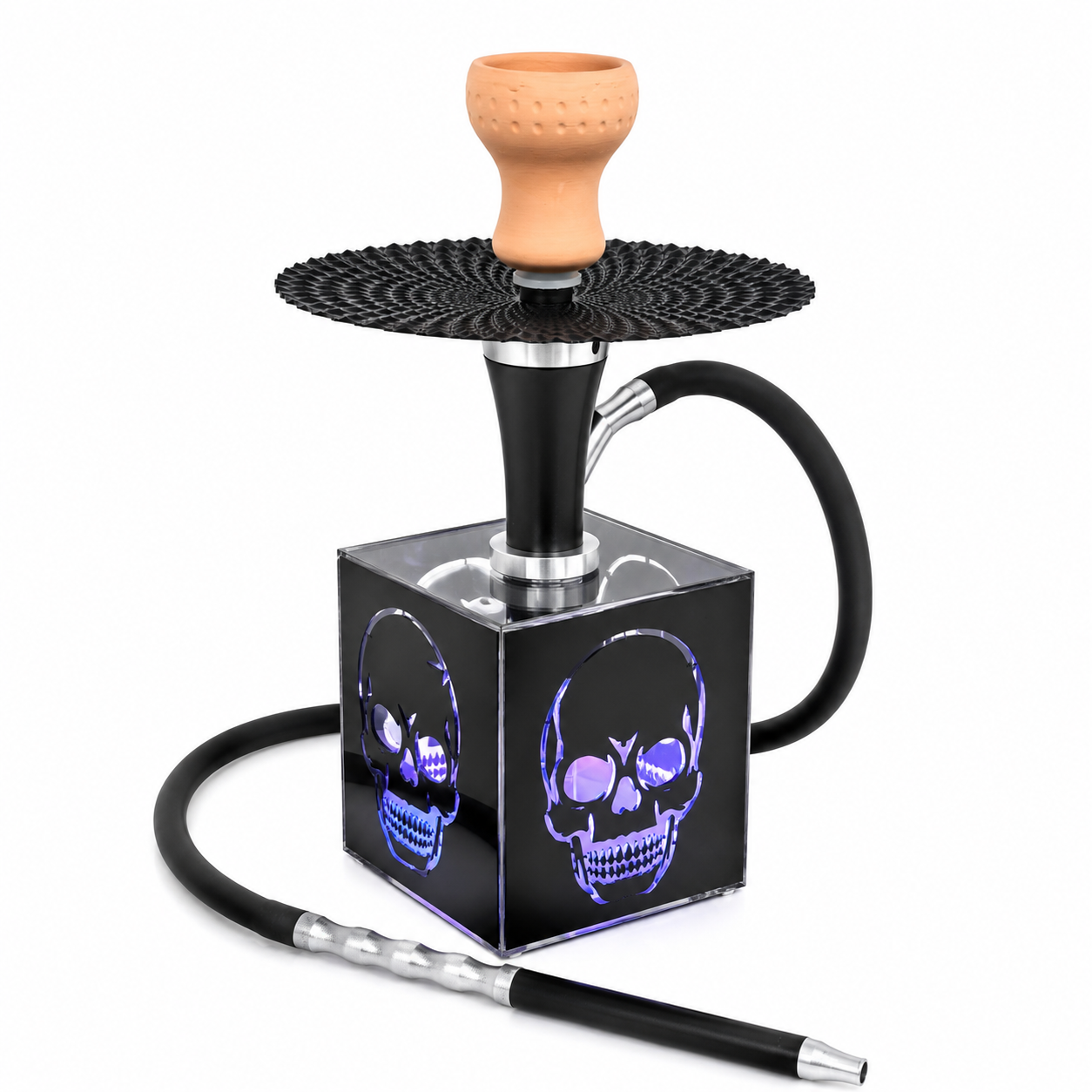 A black hookah set with a glossy cube base featuring illuminated purple skull graphics, a black patterned head ring, a terracotta-colored bowl, and a black hose with a silver-and-black mouthpiece, shown on a white background.