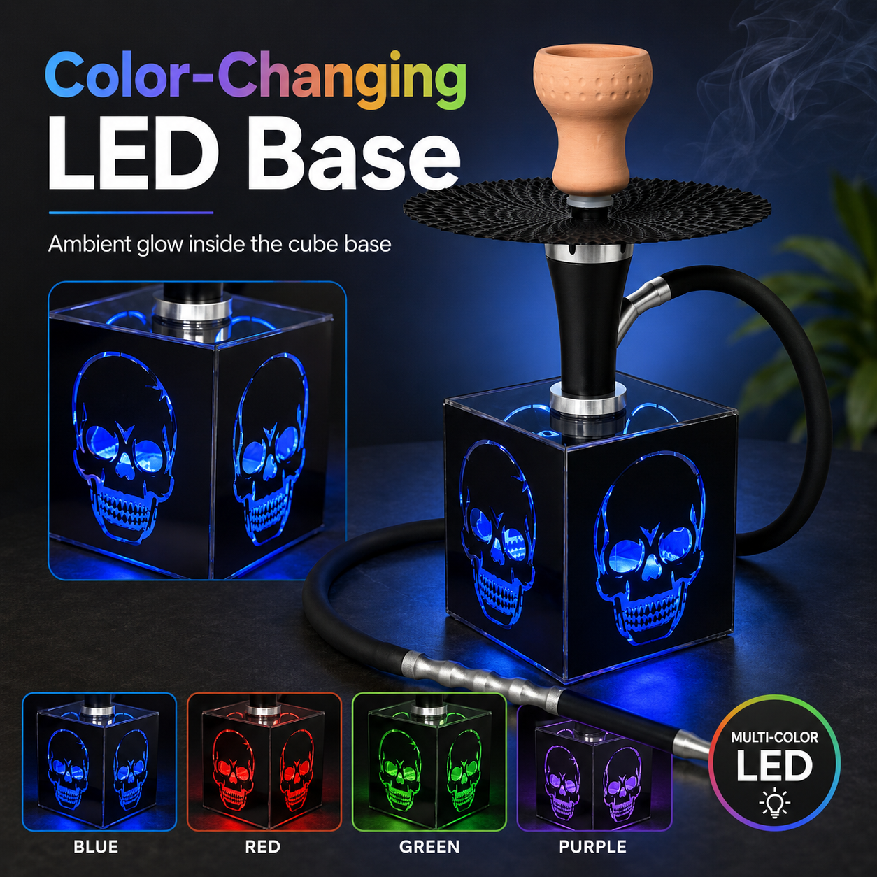 A hookah set with a black metal hose and bowl, mounted on a glowing cube-shaped LED base that displays a blue skull design. The image includes marketing text, smaller inset views of the cube base in different LED colors, and a circular badge indicating multi-color LED capability.