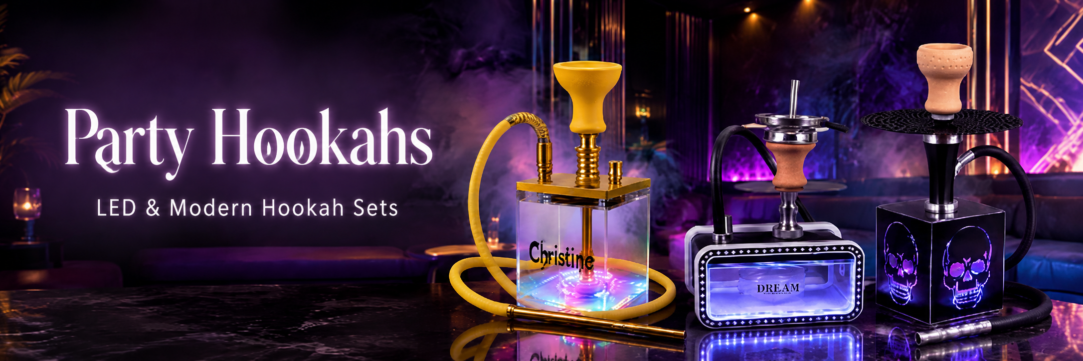 Promotional banner for 'Party Hookahs' showcasing several modern hookah sets with LED lighting, including a yellow and clear one, a silver and black one, and a black skull-patterned one, set against a dark, smoky background with purple and blue glow.