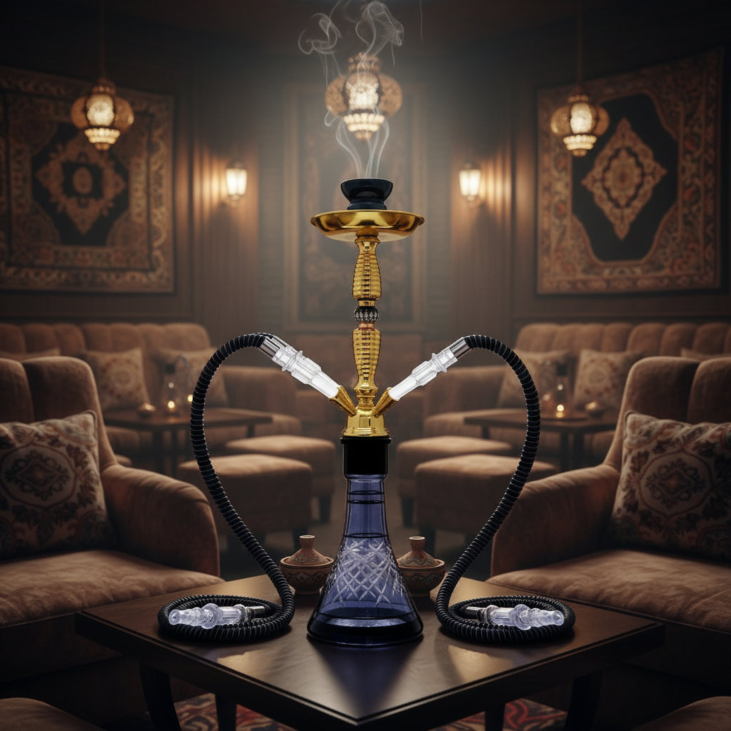 Complete hookah set featuring gold stem, two hoses, and decorative glass base.