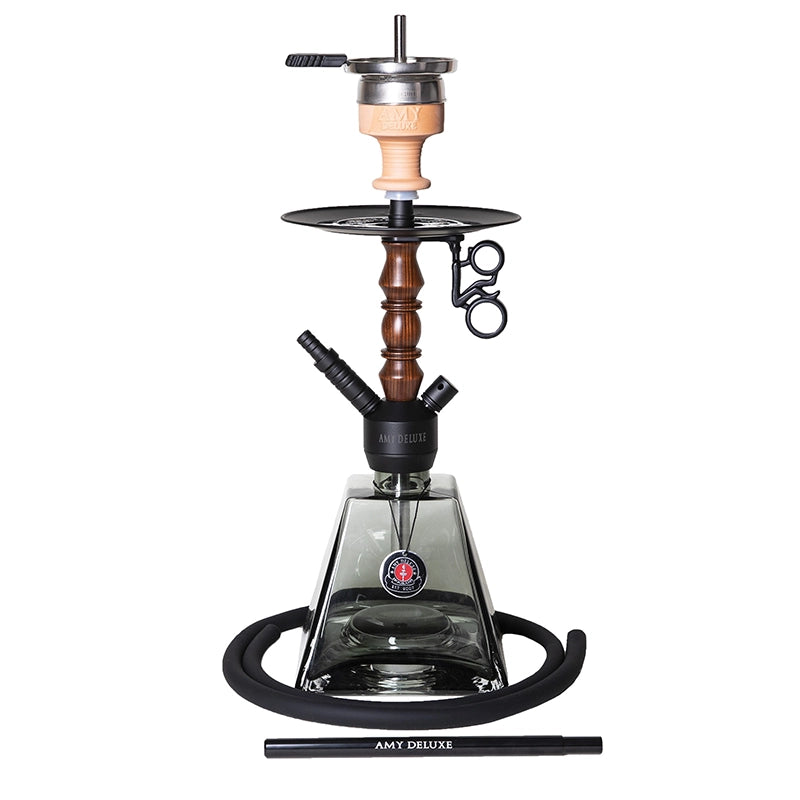 Amy Deluxe Pyrawood R (AMY090.02R) wooden hookah, 58cm, with pyramid-shaped glass bowl, wooden smoke column, and included accessories. European Russian shisha hookah nargila