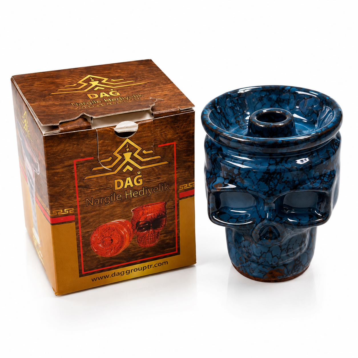 A blue skull-shaped ceramic nargile holder with a glossy marbled finish stands next to its wooden product box on a white background. The box features the DAG brand logo and name.