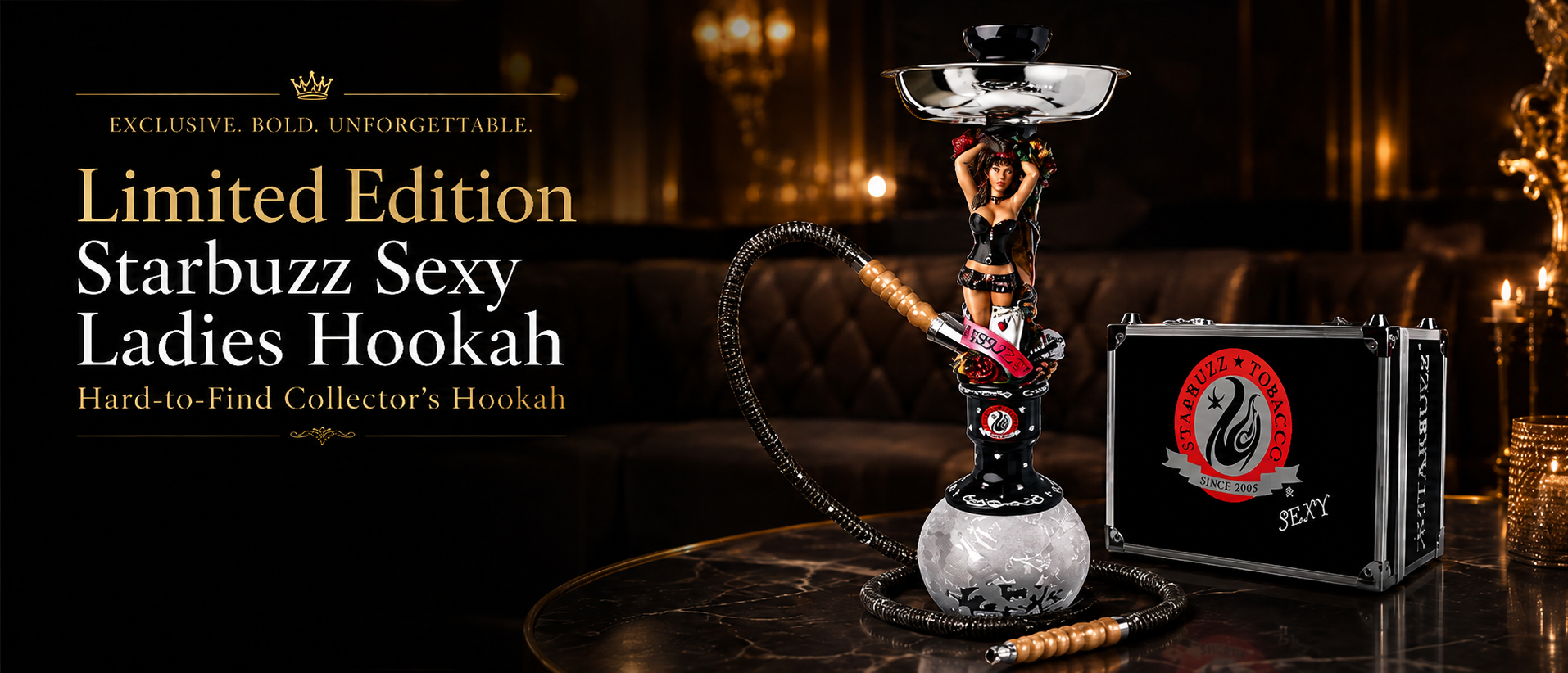 A luxury Starbuzz Sexy Ladies Hookah shown in a dimly lit, elegant room setting alongside its black presentation case. The hookah features a clear glass base, a black metal hose, a decorative figure of a woman holding a guitar, a silver bowl, and a hookah rod with a red and black guitar.