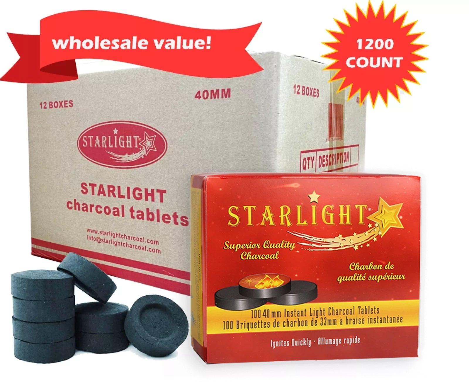 Starlight Instant Charcoal Tablets 44mm Master Case – 12 Boxes / 1200 Tablets – Wholesale Hookah Charcoal