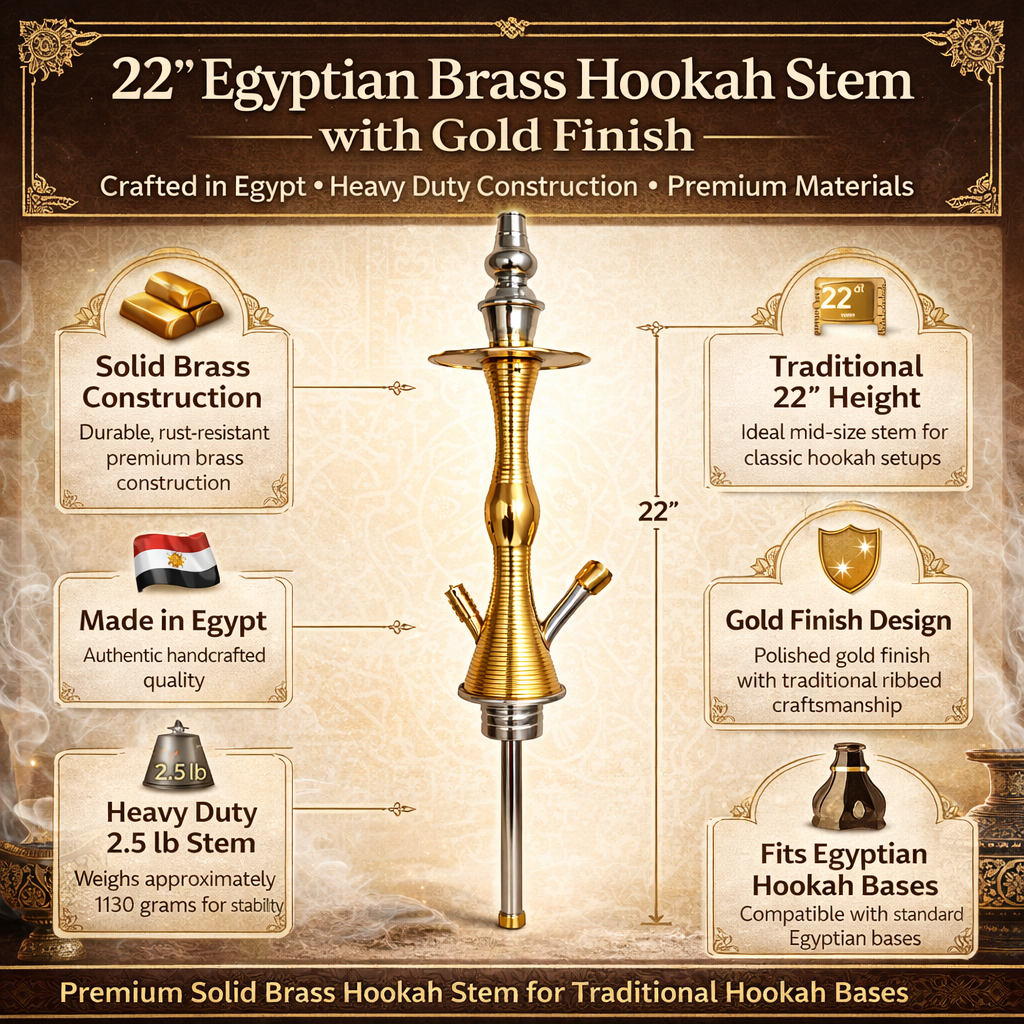 22-inch Egyptian Brass Hookah Stem with Gold Finish on a decorative background
