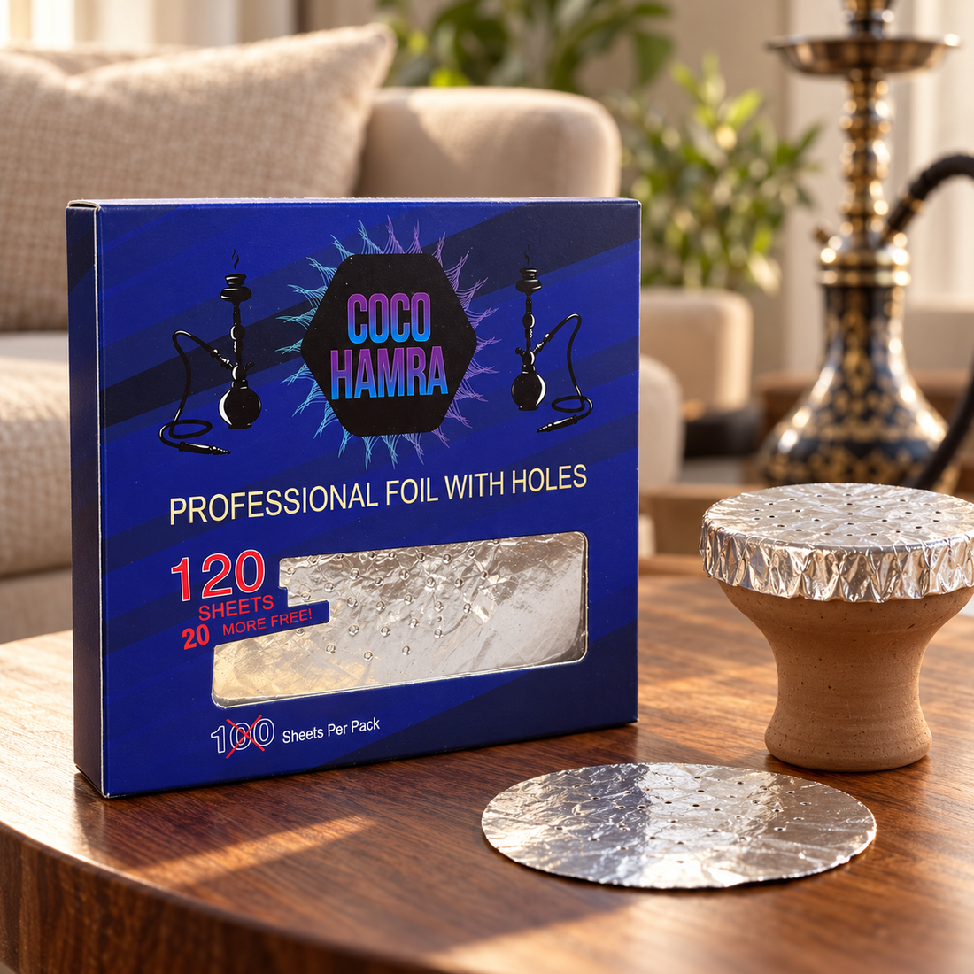 Coco Hamra 120-sheet foil pack in a lounge setting; bowl and hookah not included