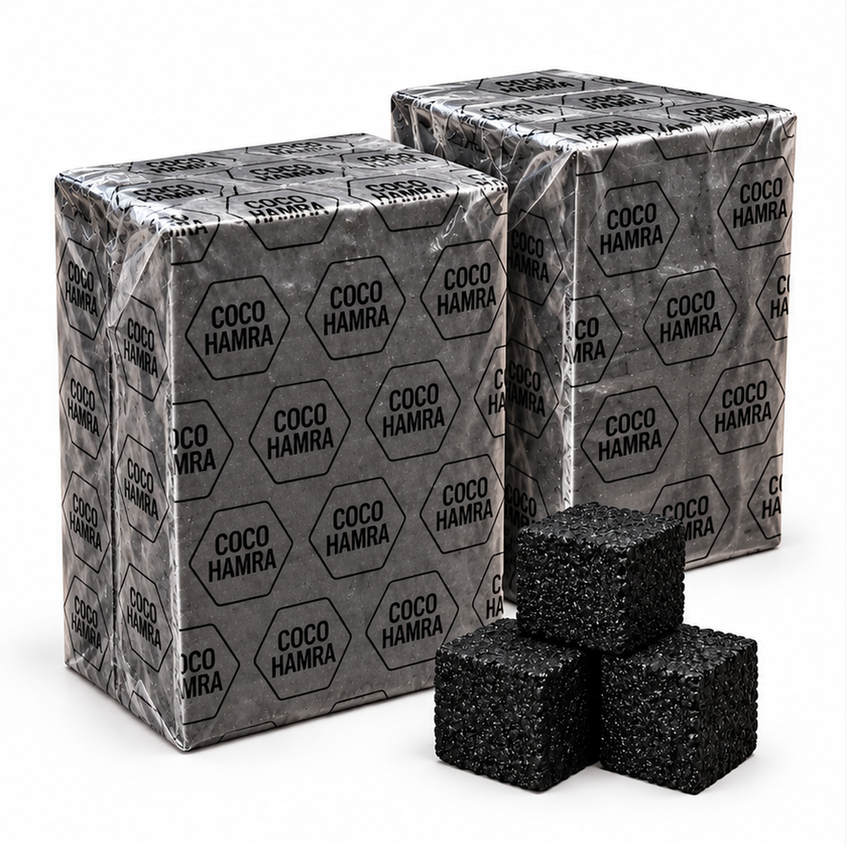 Two Coco Hamra natural coconut charcoal 1kg plastic-wrapped packs, 25mm cubes, 144 cubes total, with three loose charcoal cubes on a white background