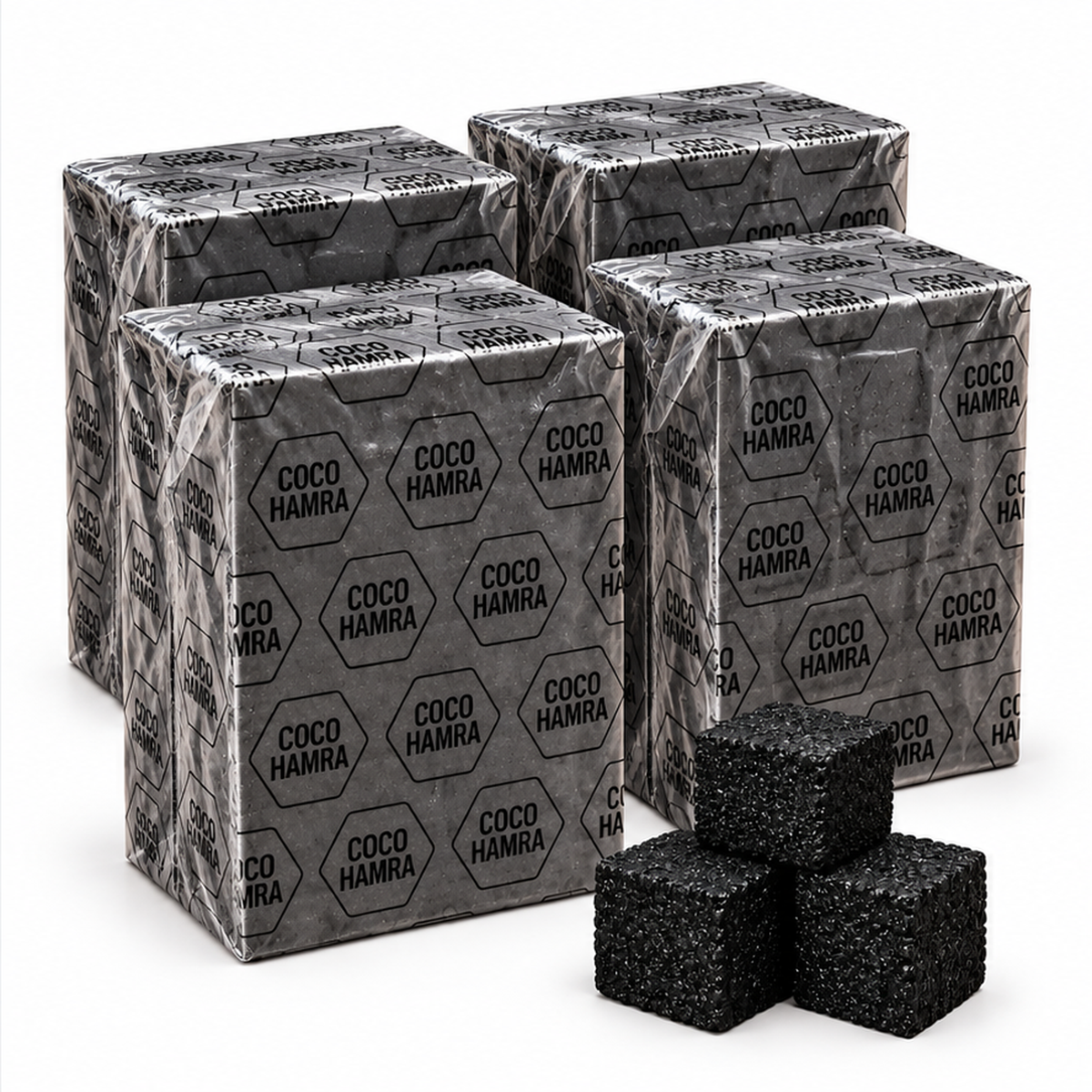 Four Coco Hamra natural coconut charcoal 1kg plastic-wrapped packs, 25mm cubes, 288 cubes total, with three loose charcoal cubes on a white background