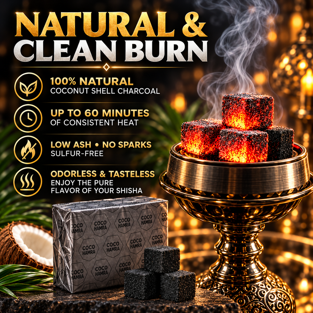 Coco Hamra coconut hookah charcoal feature image highlighting consistent heat and low ash