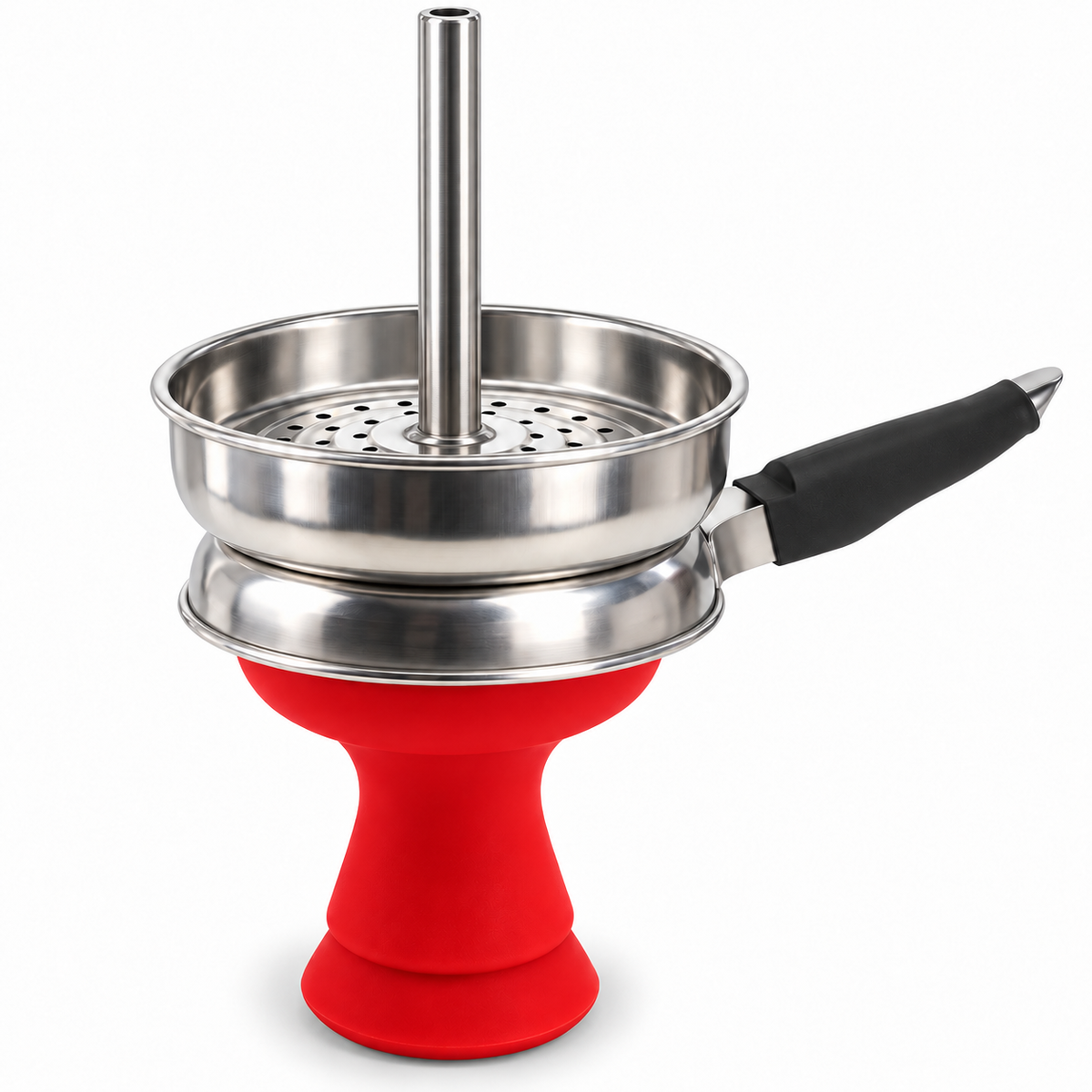 Red Coco Hamra silicone phunnel hookah bowl with metal chimney heat-management screen and side handle