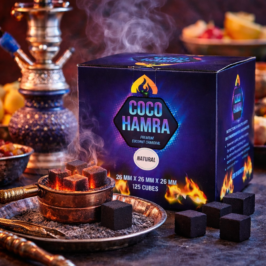 Coco Hamra coconut charcoal packaging with smoking charcoal and hookah in the background