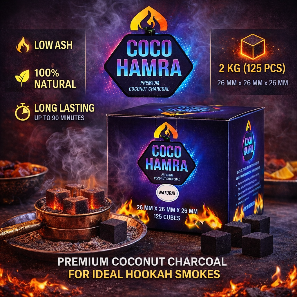 Coco Hamra coconut charcoal packaging with product details and smoking setup on a dark background