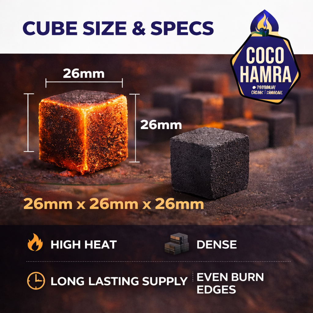 Coco Hamra charcoal cubes with measurements and specifications on a dark background