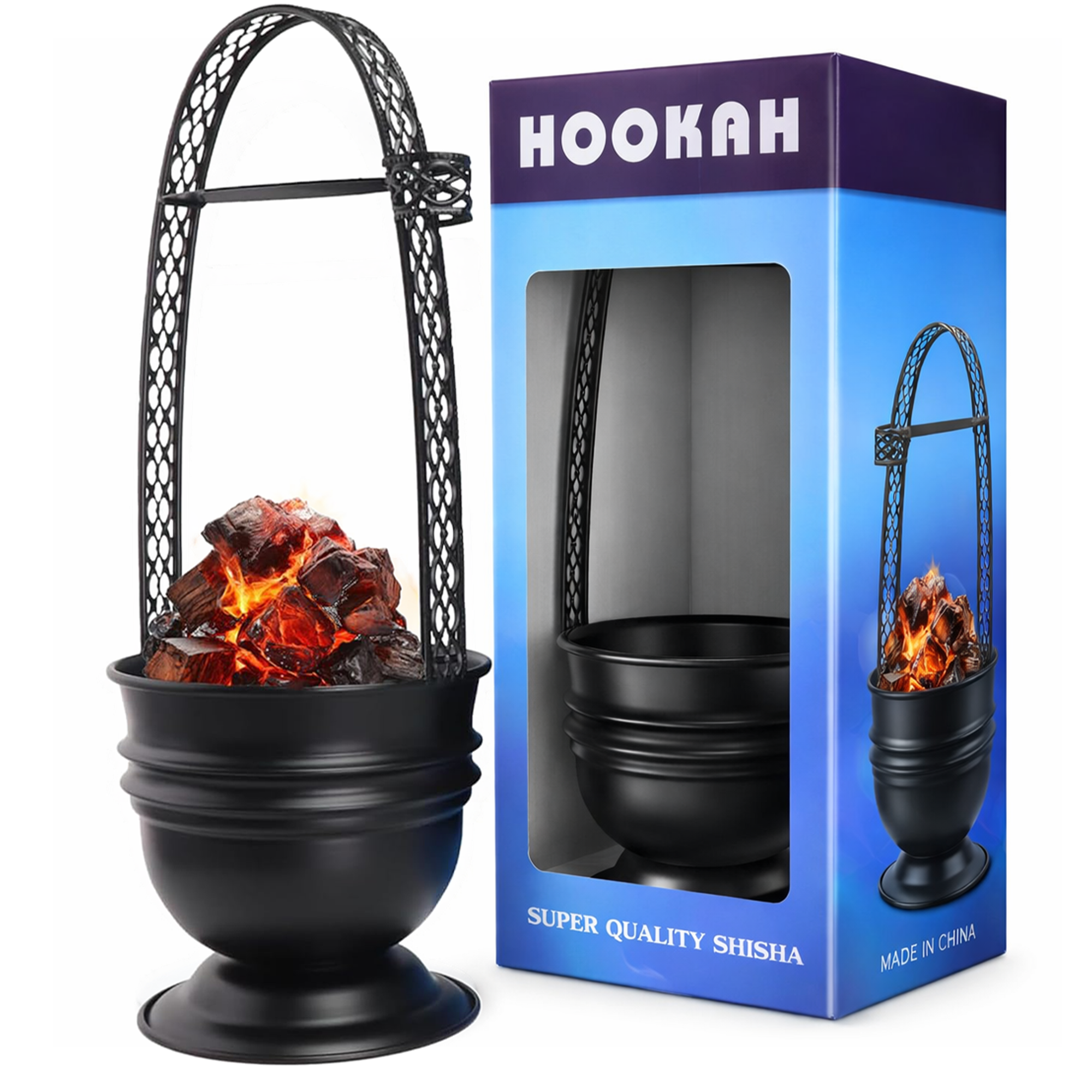 Black hookah with glowing embers next to its packaging box on a white background