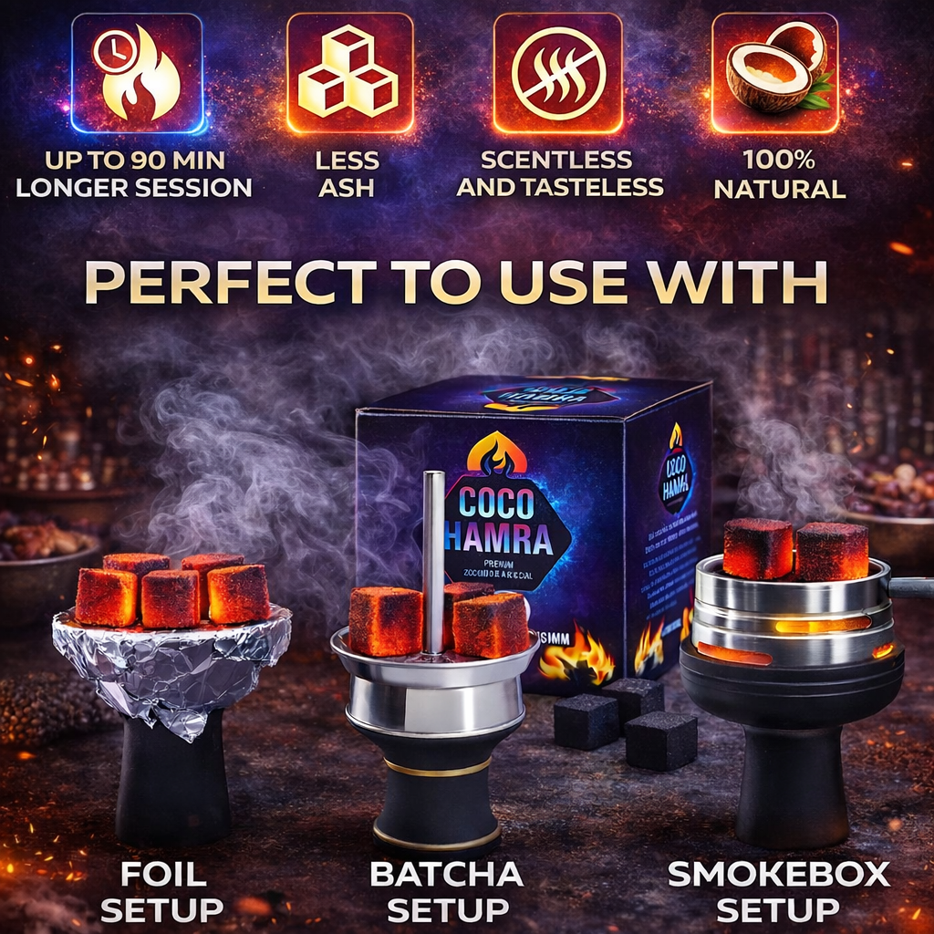 Promotional image of Coco Hamra smoking products with features and usage instructions.
