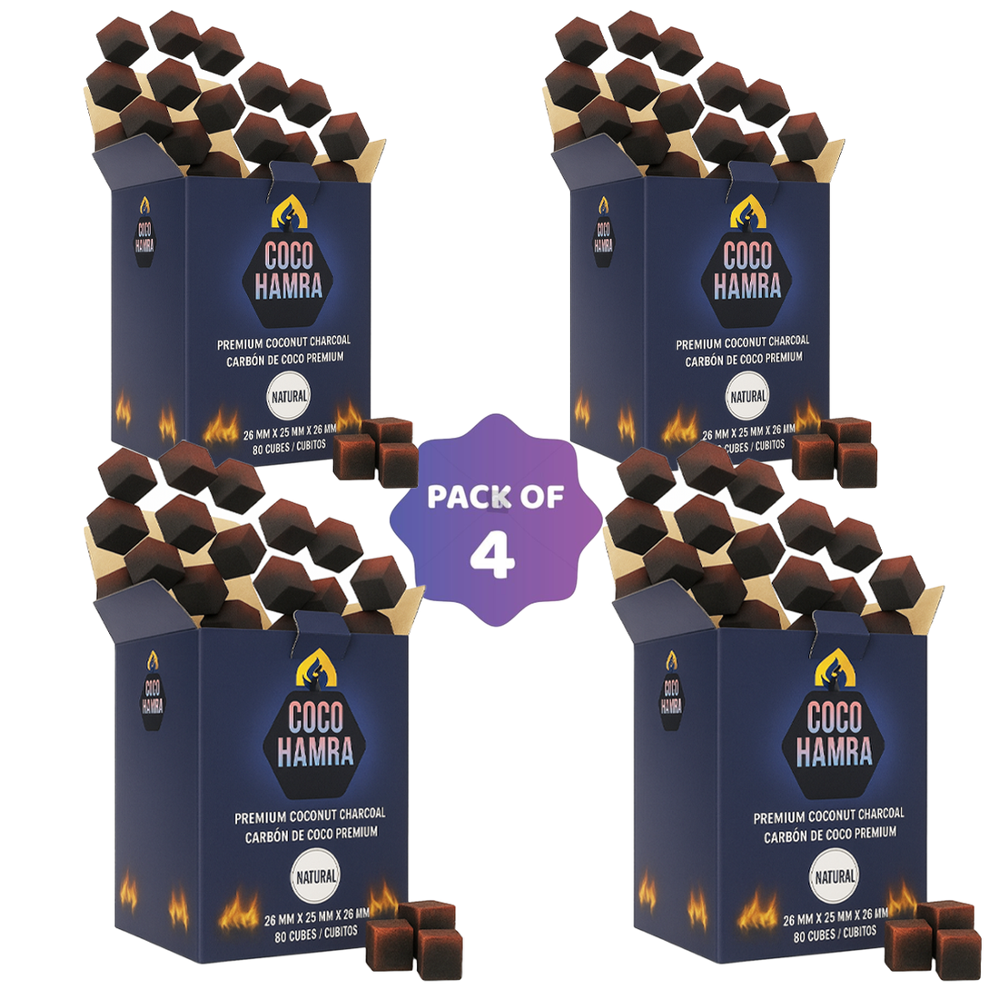 Coco Hamra natural coconut charcoal pack of 4 – long-lasting hookah coals for clean and even burning.
