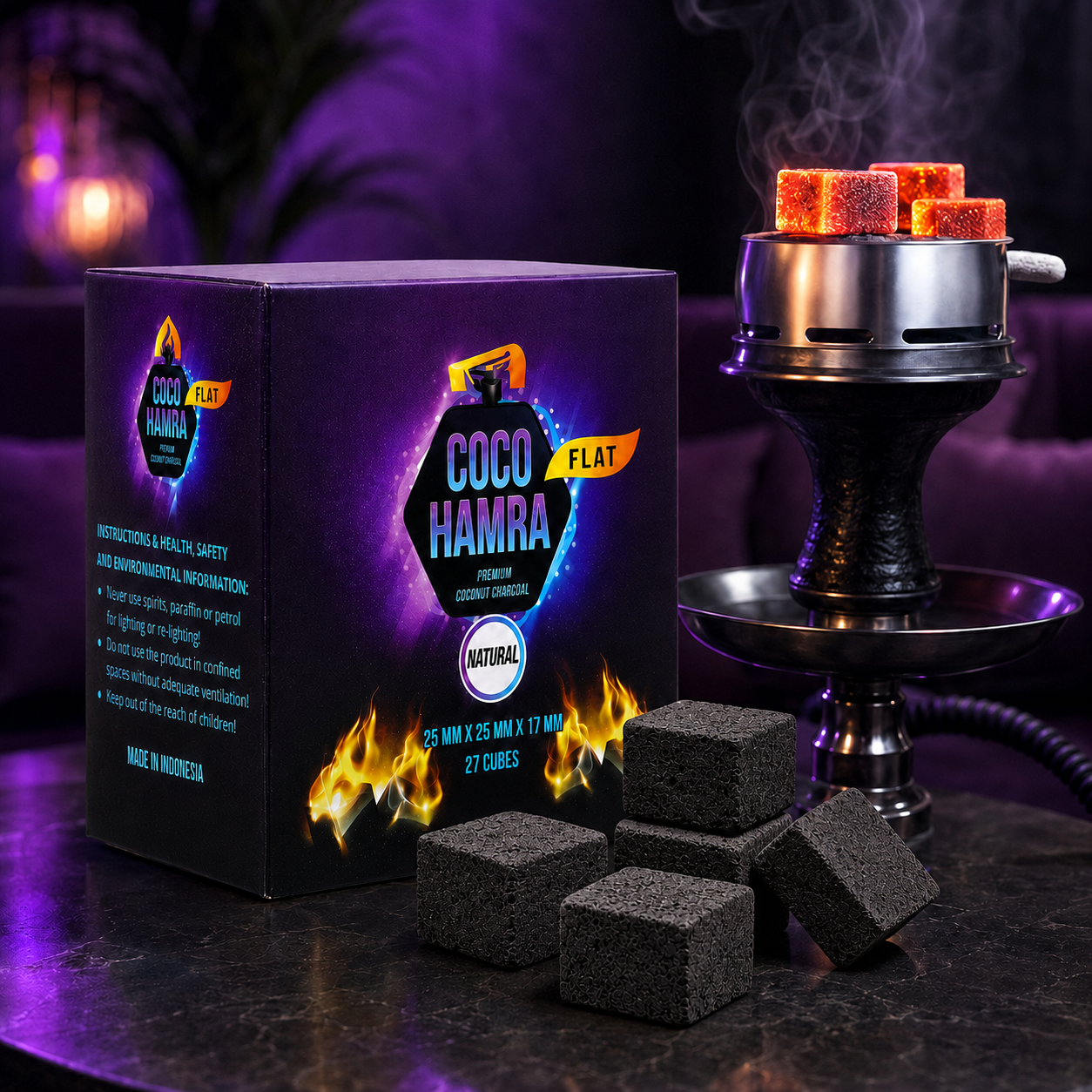Coco Hamra flat tobacco pouches in a black box, shown with several dark charcoal cube tobacco pieces in front and a smoking hookah setup with orange-coated tobacco cubes on a dark table in a dim purple-lit setting.