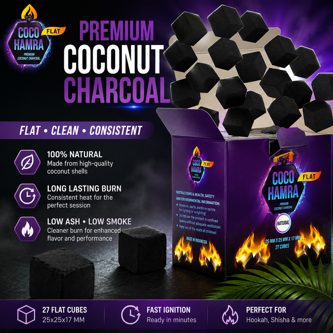 Coconut Charcoal Flat cubes 25mm 27 Count