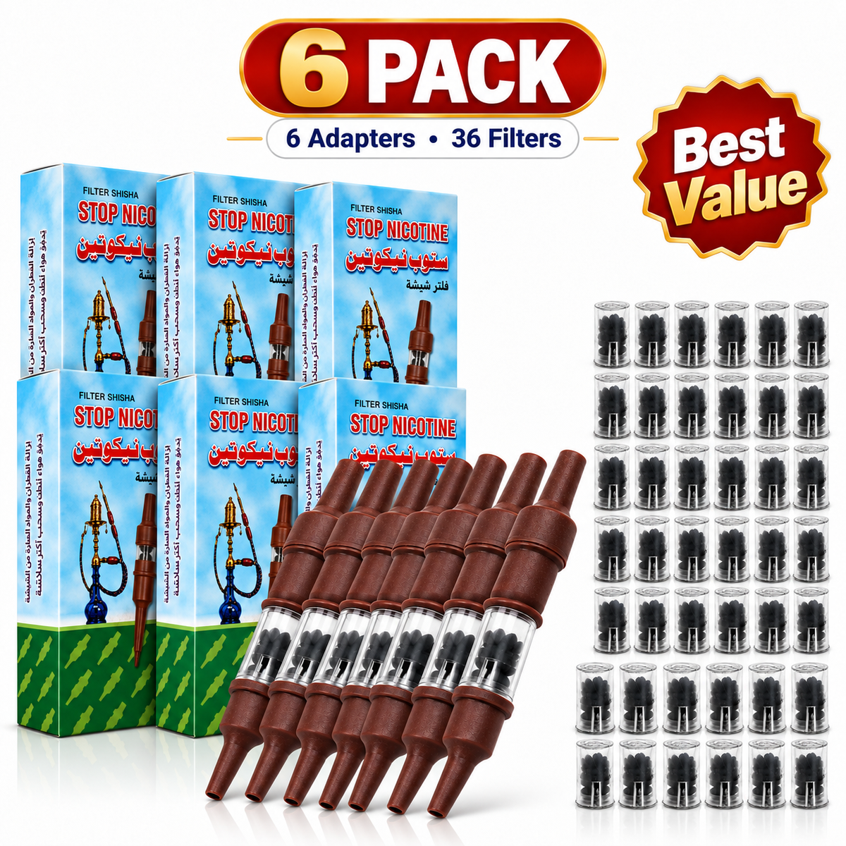 Egyptian hookah filter tar reducer 6 pack with 6 adapters and 36 replacement filters.