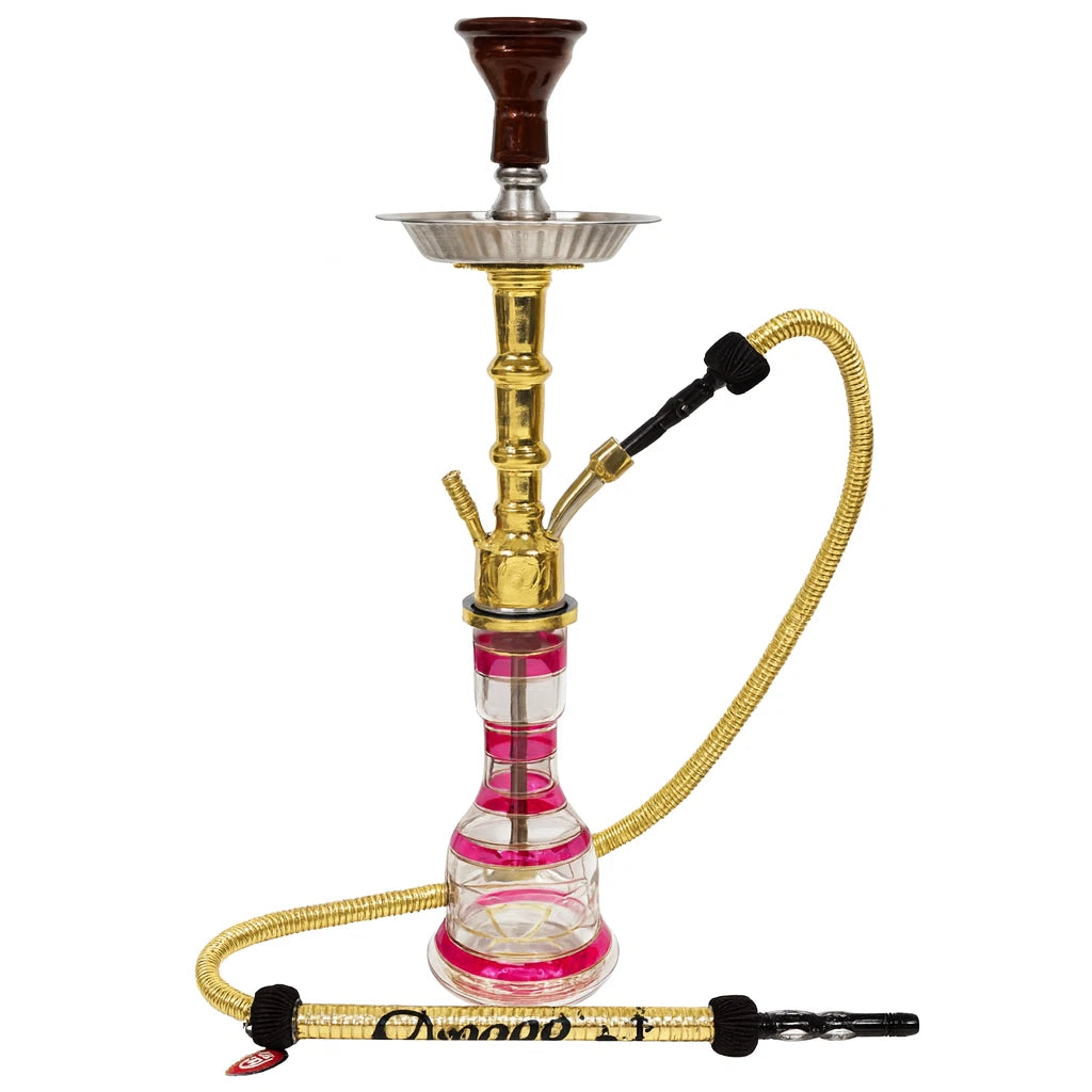 Hookah with gold and pink accents on a white background