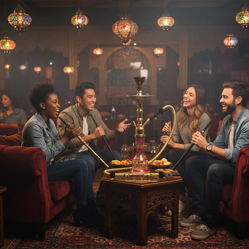 Group of people enjoying a hookah session in a cozy, dimly lit room with colorful lanterns.