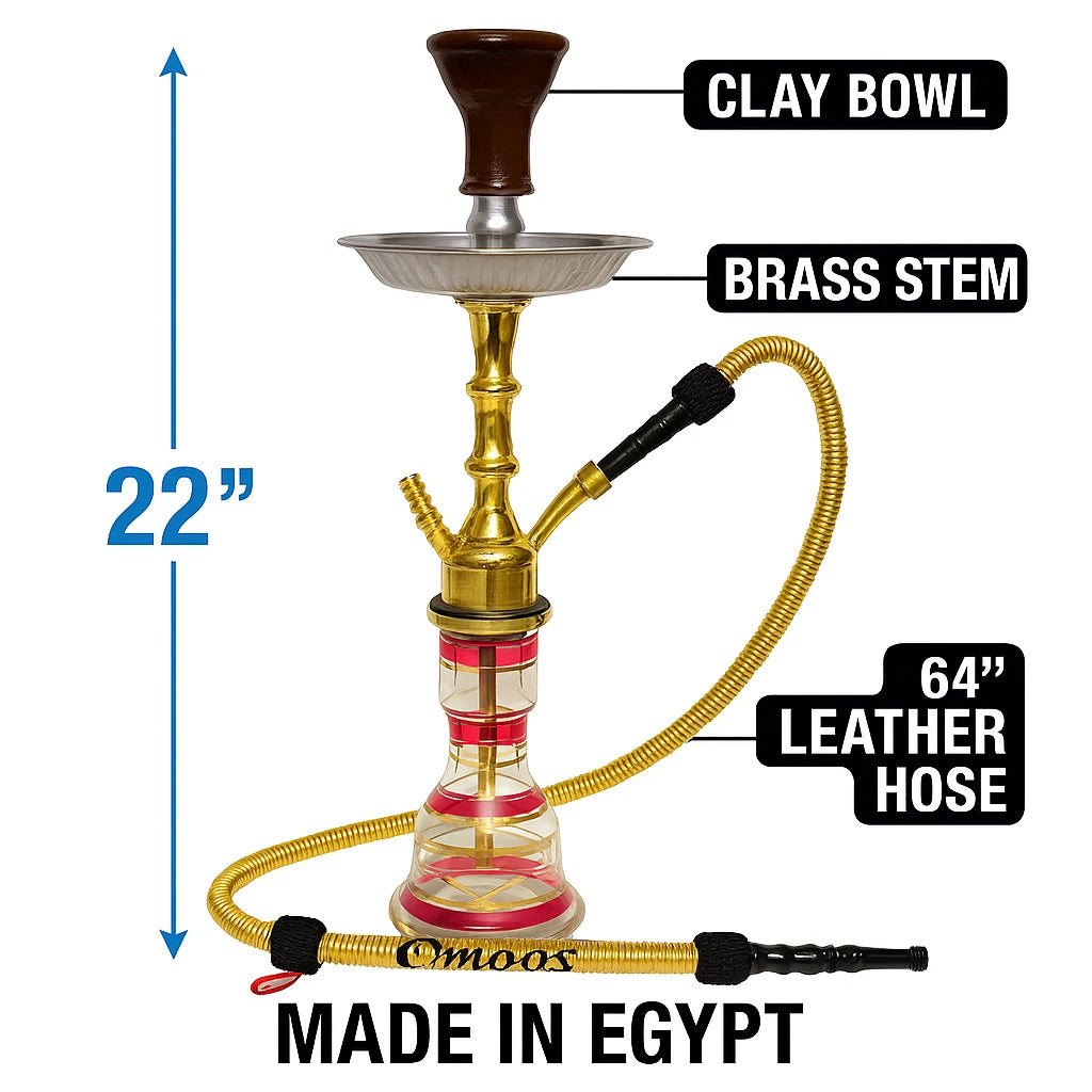 Hookah with labeled parts and dimensions on a white background