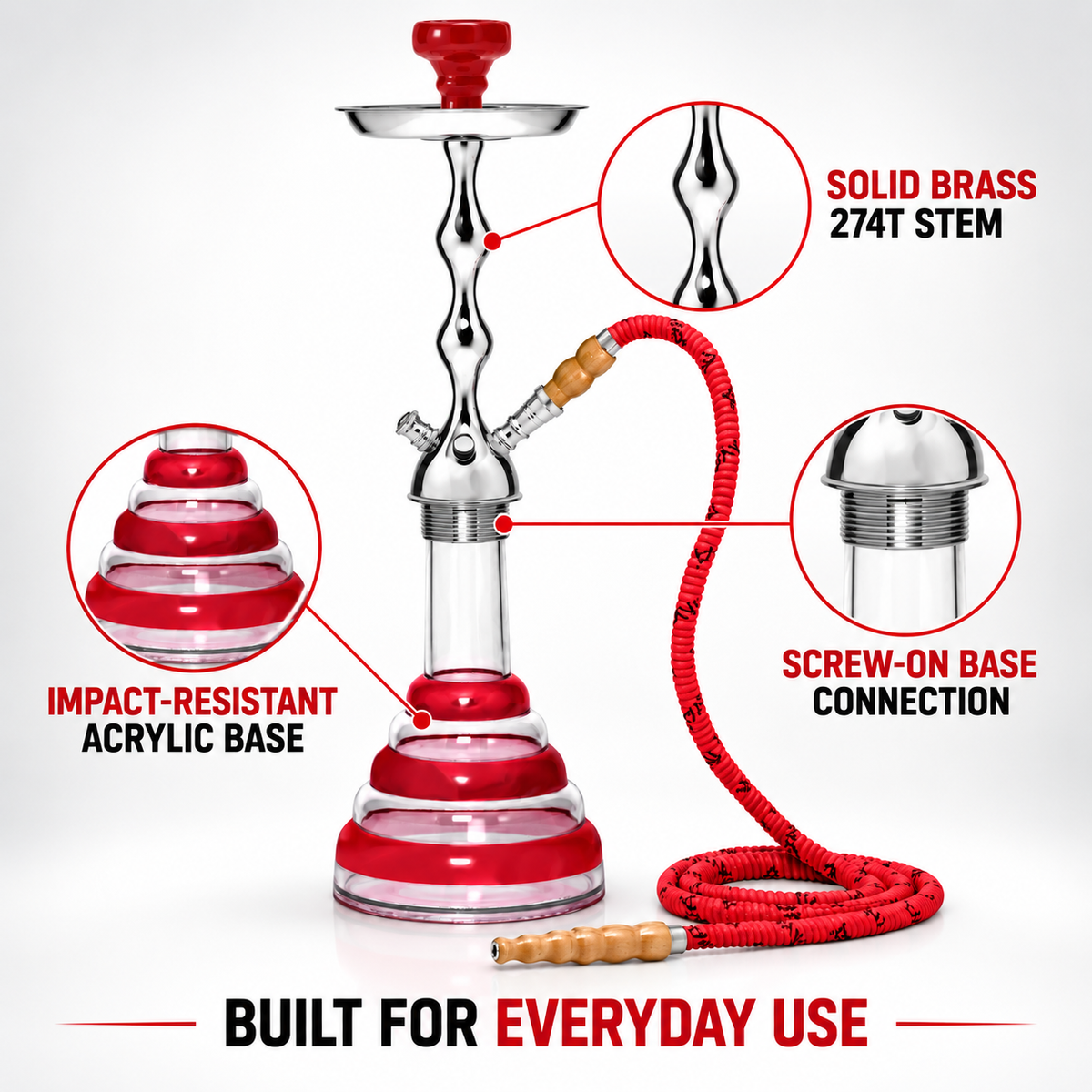 MYA Acrylic hookah features impact-resistant base solid brass 274T stem and screw-on connection