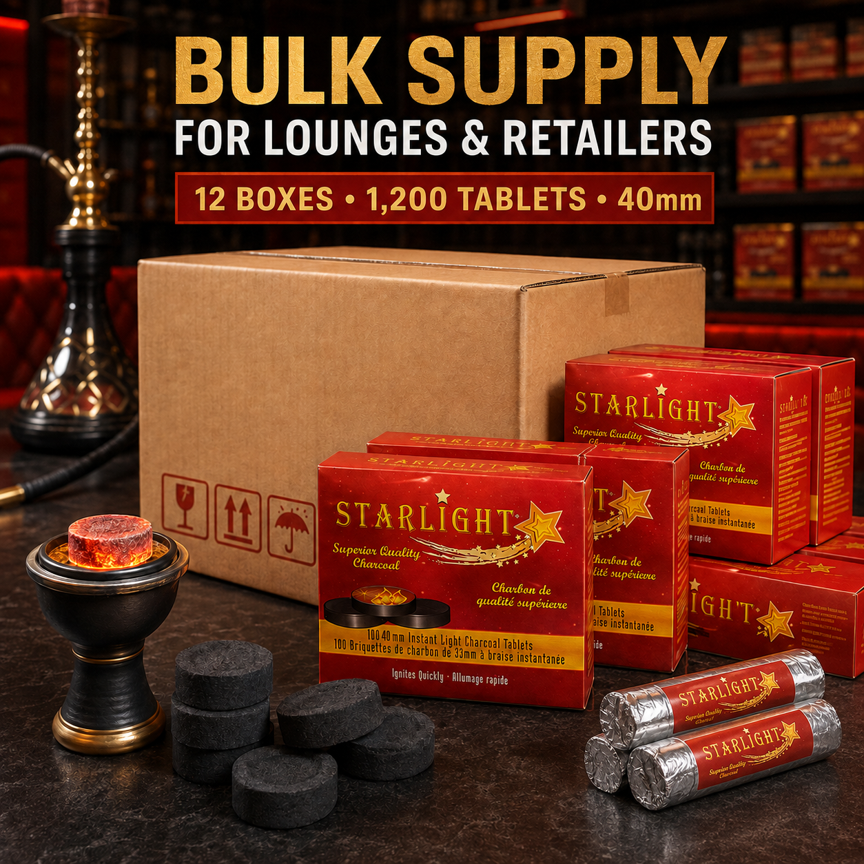 Starlight 40mm instant-light charcoal master case displayed for hookah lounge and retail bulk use