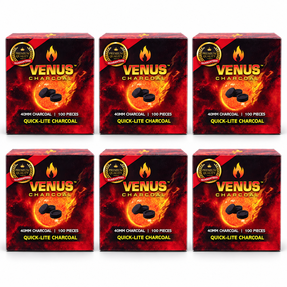 Six boxes of Venus 40mm instant light charcoal, 600 tablets total