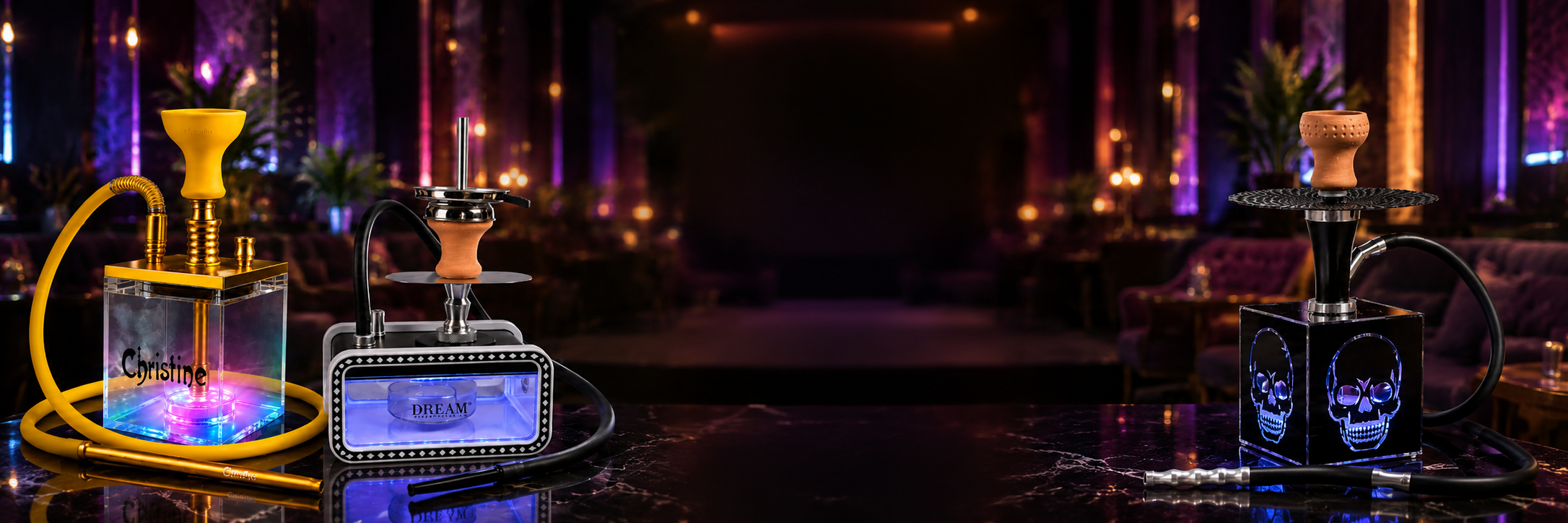 LED party hookahs with modern cube designs, color-changing lights, silicone hoses, and stylish hookah lounge setup.